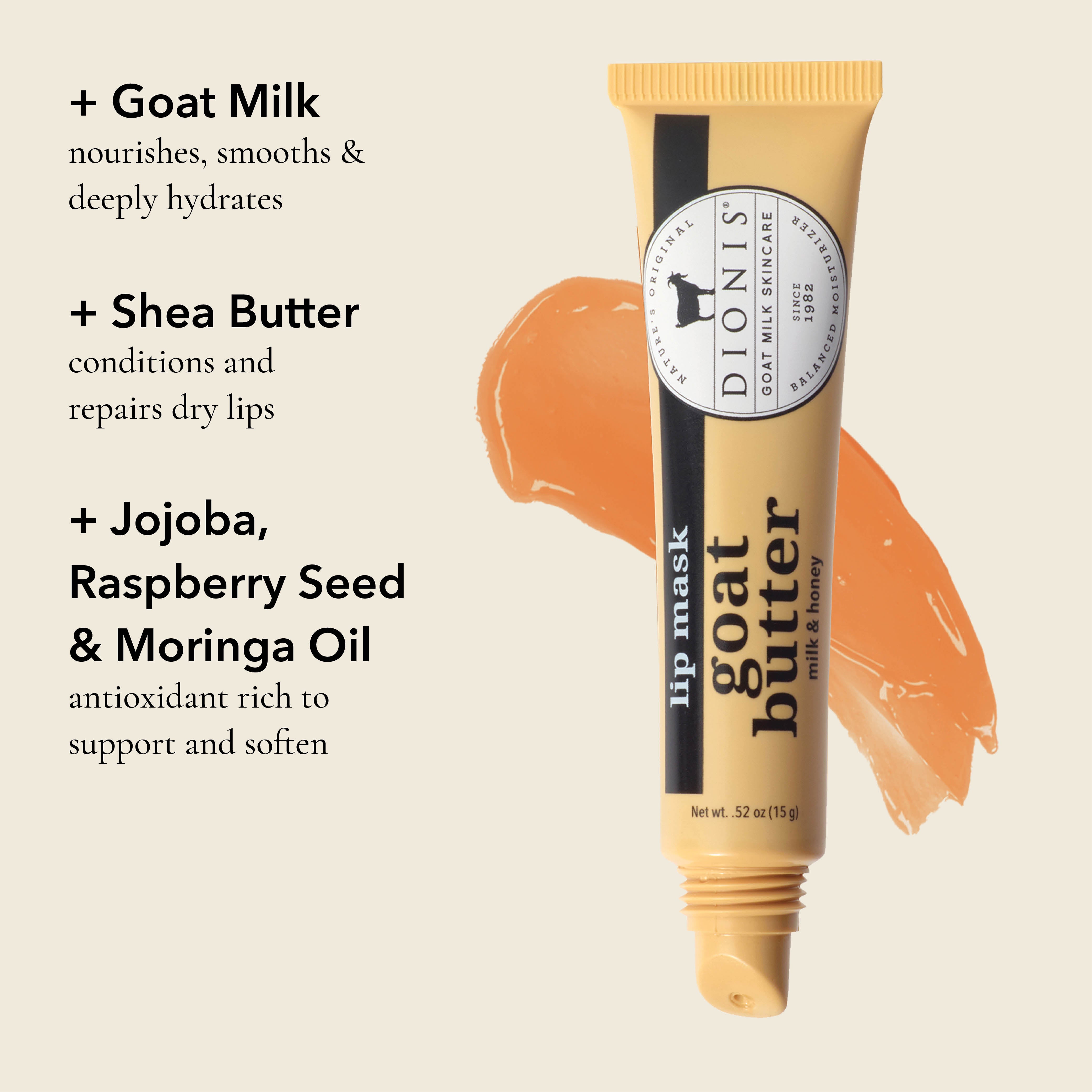 Dionis Goat Butter Lip Mask in Milk & Honey shown over a smear showing color.