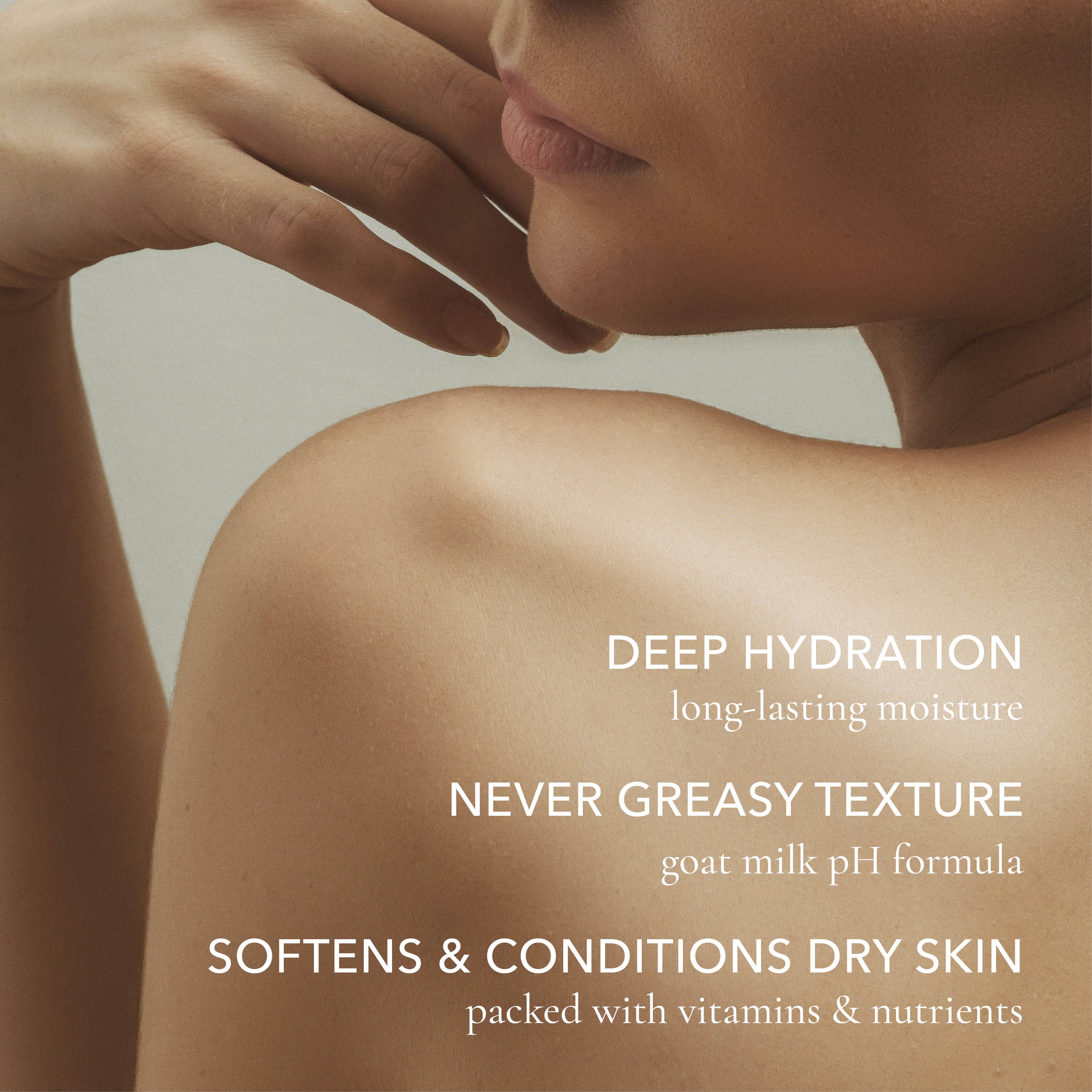 Close-up of a person's shoulder with text highlighting skincare benefits.