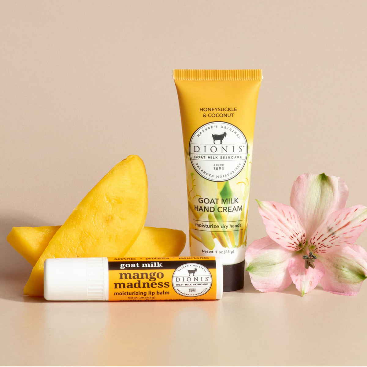 Honeysuckle Mango Lip & Hand Gift Set

Includes:
1 - Dionis Goat Milk Lip Balm, Mango Madness, .28 oz
1 - Dionis Goat Milk Hand Cream, Honeysuckle & Coconut, 1 oz