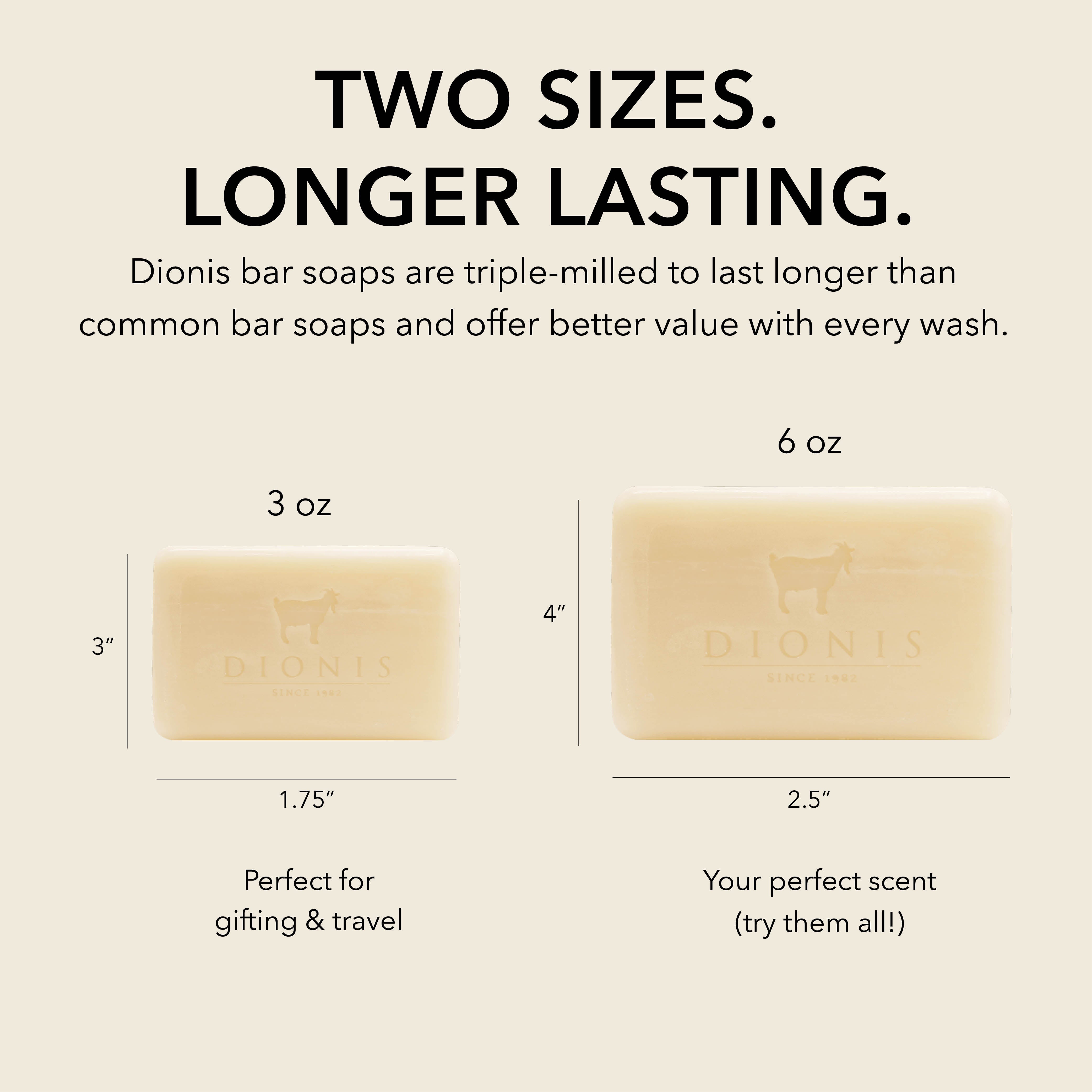 Dionis Goat Milk Bar Soap in 3oz and 6oz shown next to each other for comparison