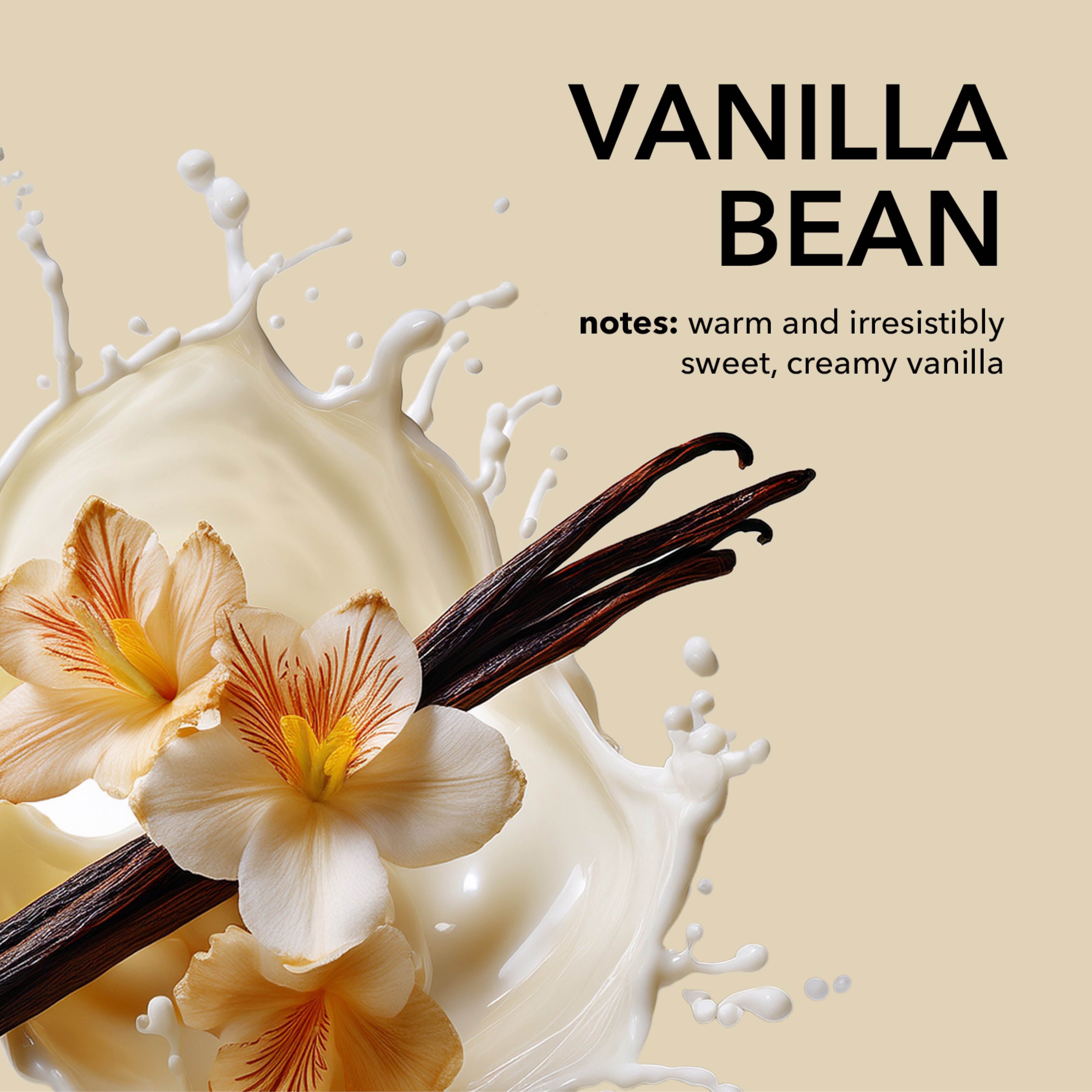 Vanilla Bean flower pictured on top of milk splashing on a beige background