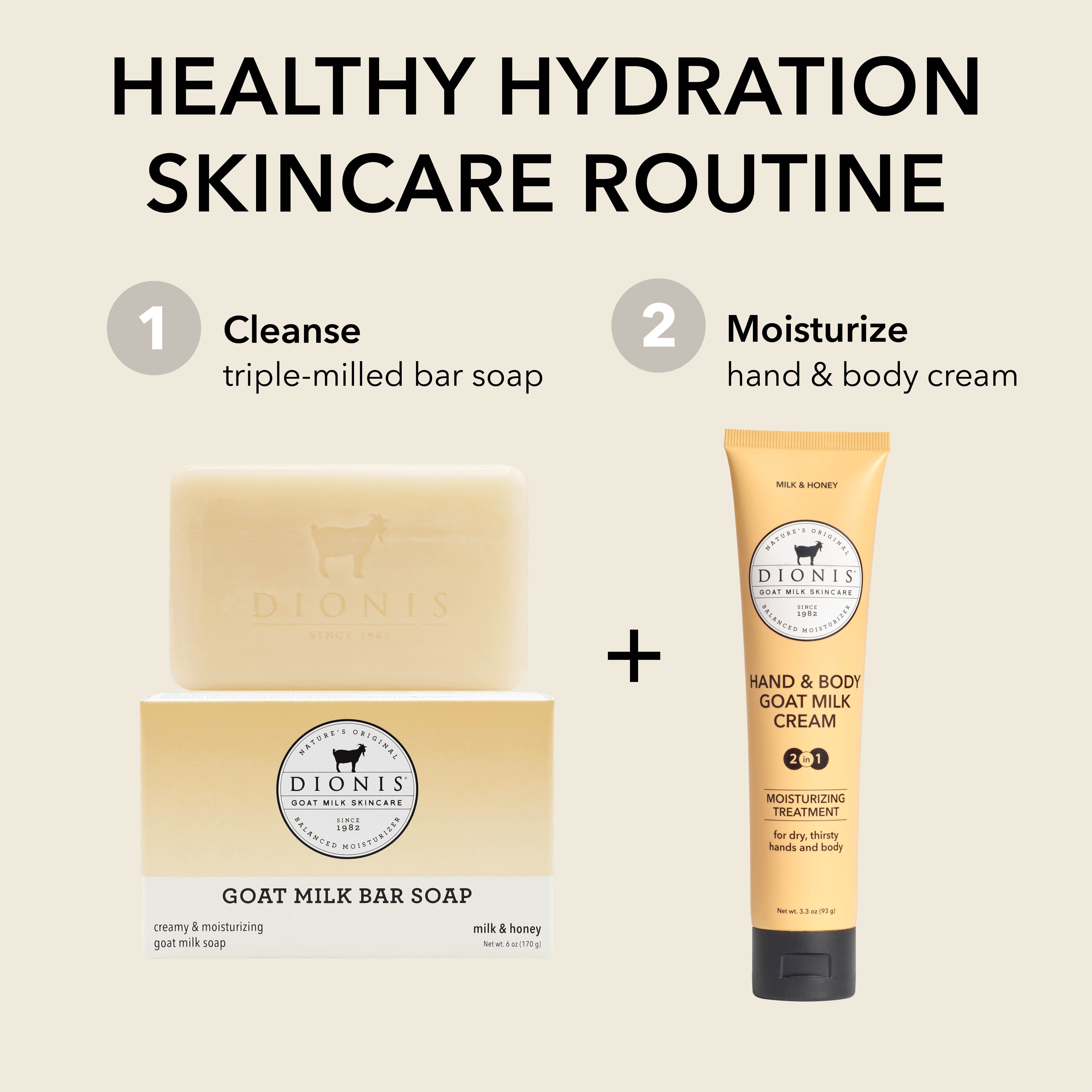 HEALTHY HYDRATION SKINCARE ROUTINE

Step 1: Cleanse
Dionis Goat Milk Bar Soap in Milk & Honey

Step 2: Moisturize
Dionis Hand & Body Goat Milk Cream in Milk & Honey