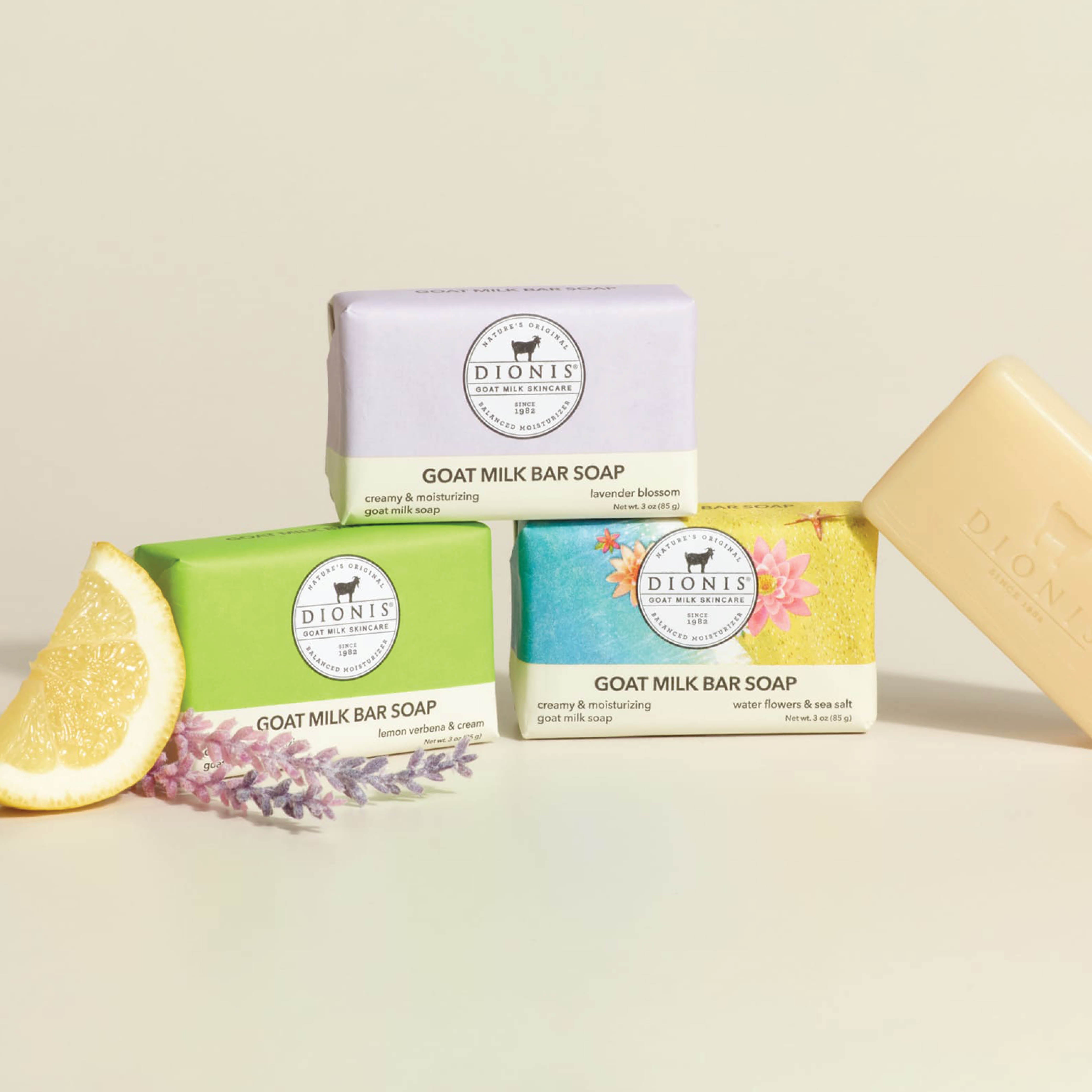The Fresh & Floral bundle: one bar of Dionis Goat Milk Bar Soap in Lavender Blossom, Lemon Verbena & Cream, and Water Flowers & Sea Salt