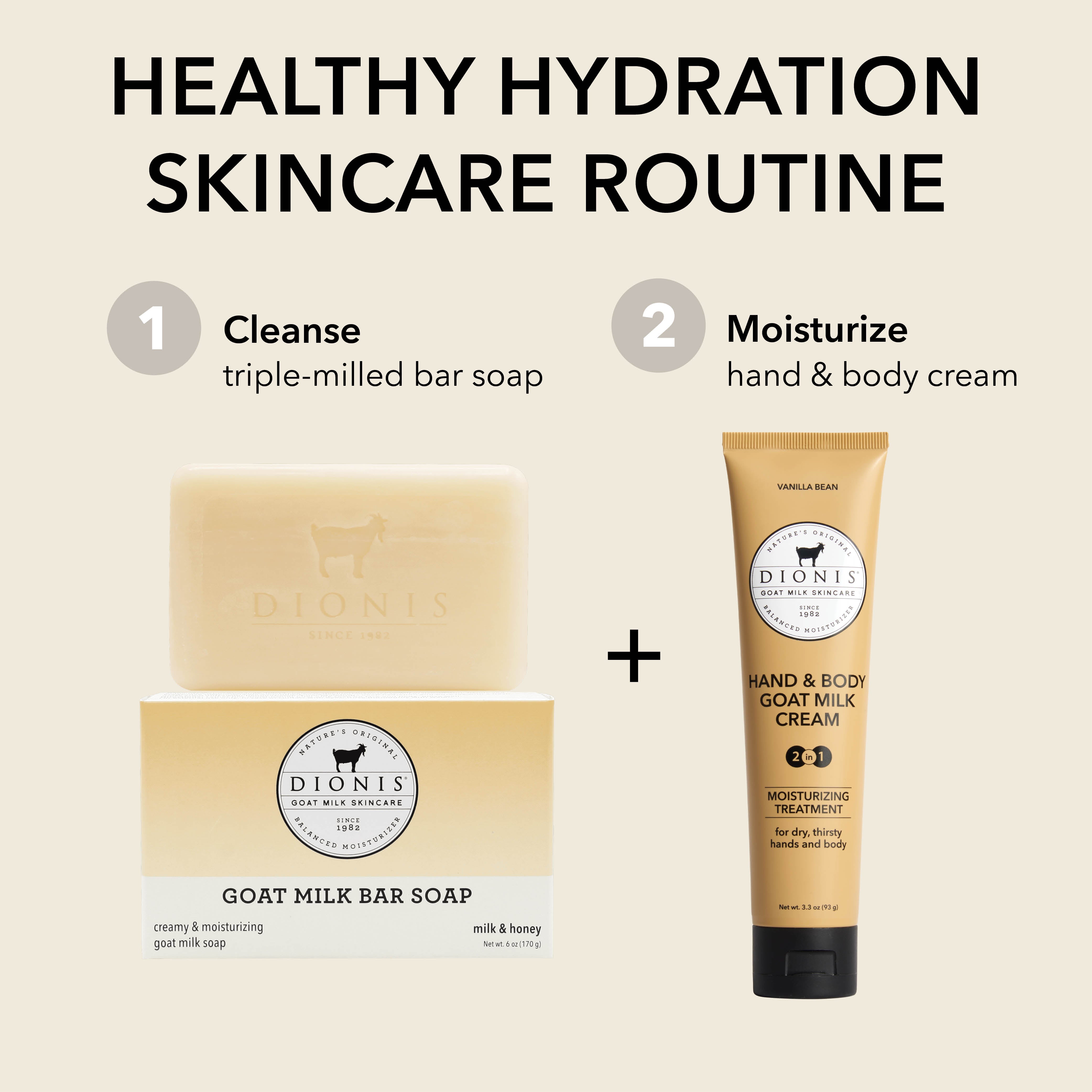 HEALTHY HYDRATION SKINCARE ROUTINE

Step 1: Cleanse
Dionis Goat Milk Bar Soap in Milk & Honey

Step 2: Moisturize
Dionis Hand & Body Goat Milk Cream in Vanilla Bean
