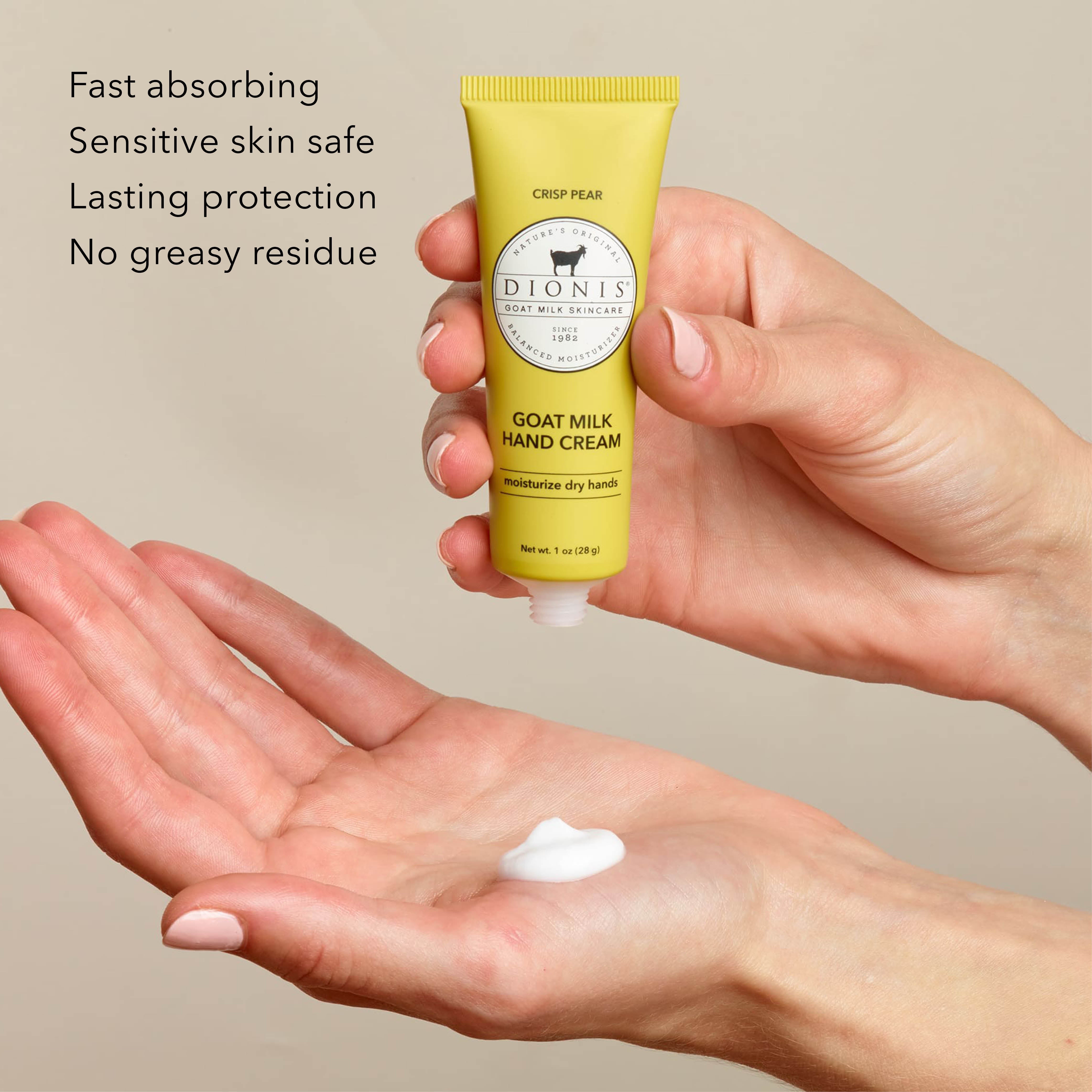 Dionis Goat Milk Hand Cream, Crisp Pear, 1 oz. 

Benefit Highlights: 
+ Fast Absorbing
+ Sensitive Skin Safe
+ Lasting Protection
+ No Greasy Residue