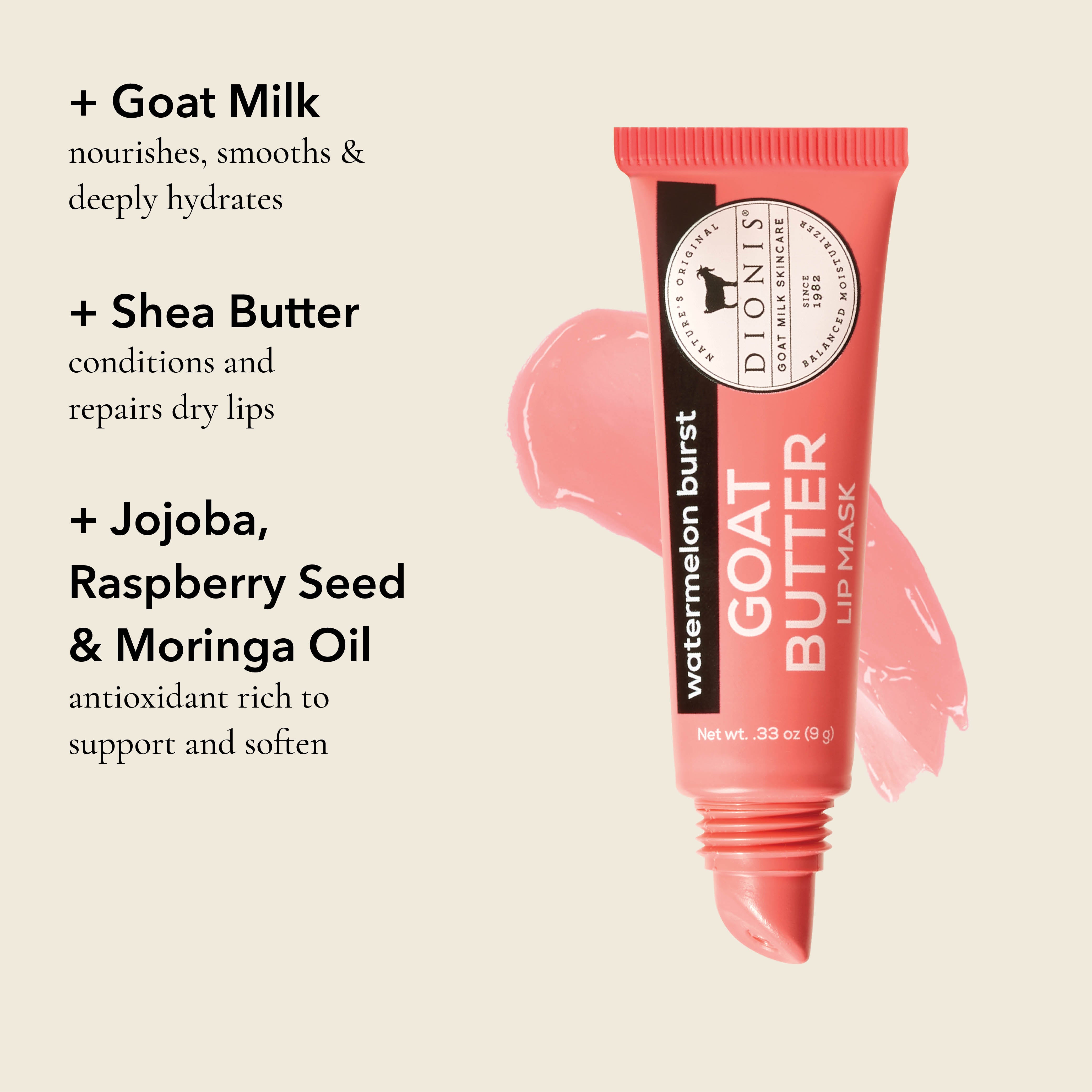Dionis Goat Butter Lip Mask in Watermelon Burst with a smear to show pink color.