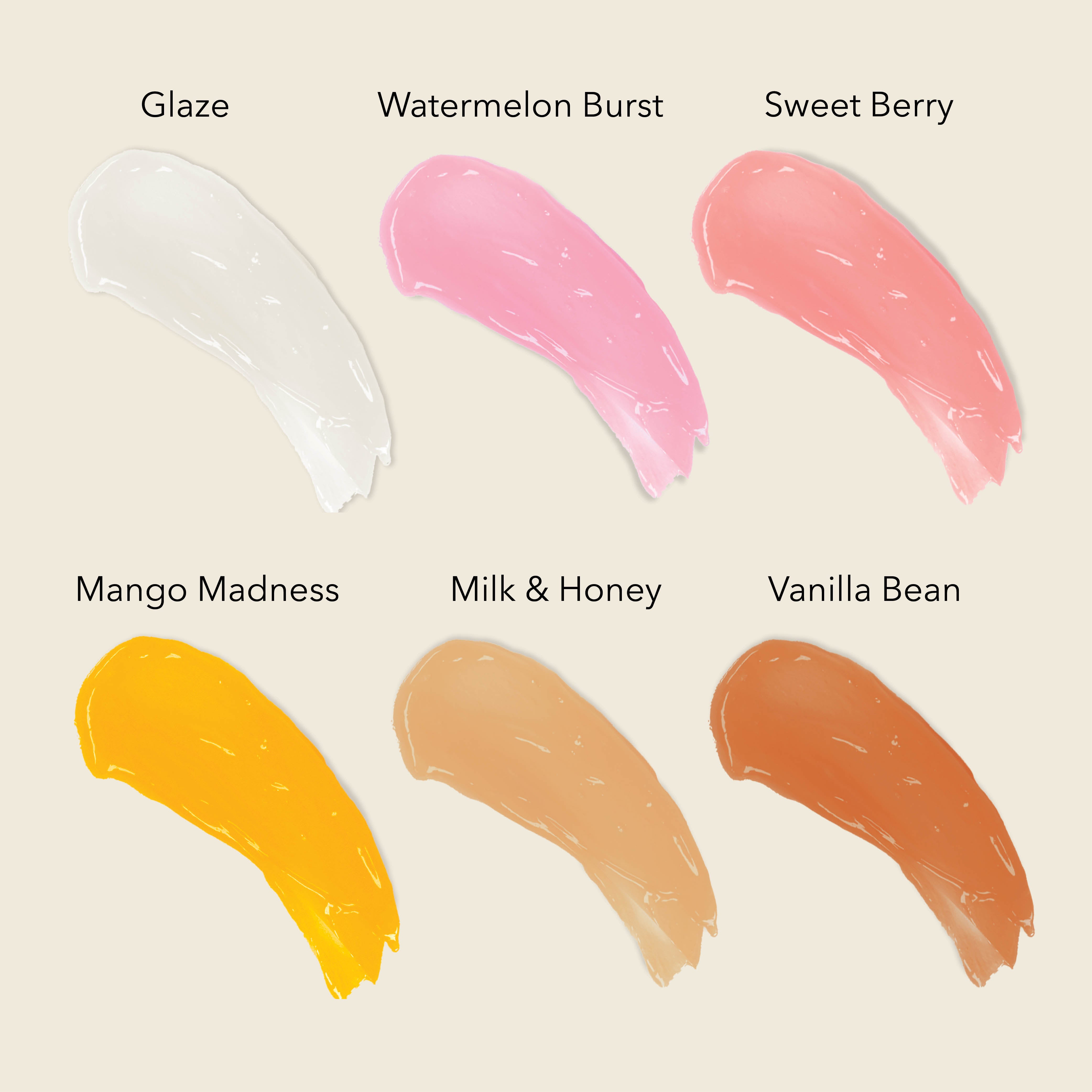 Swatches of Dionis Goat Butter Lip Mask flavor and fragrance: 
Glaze, Watermelon Burst, Sweet Berry, Mango Madness, Milk & Honey, and Vanilla Bean