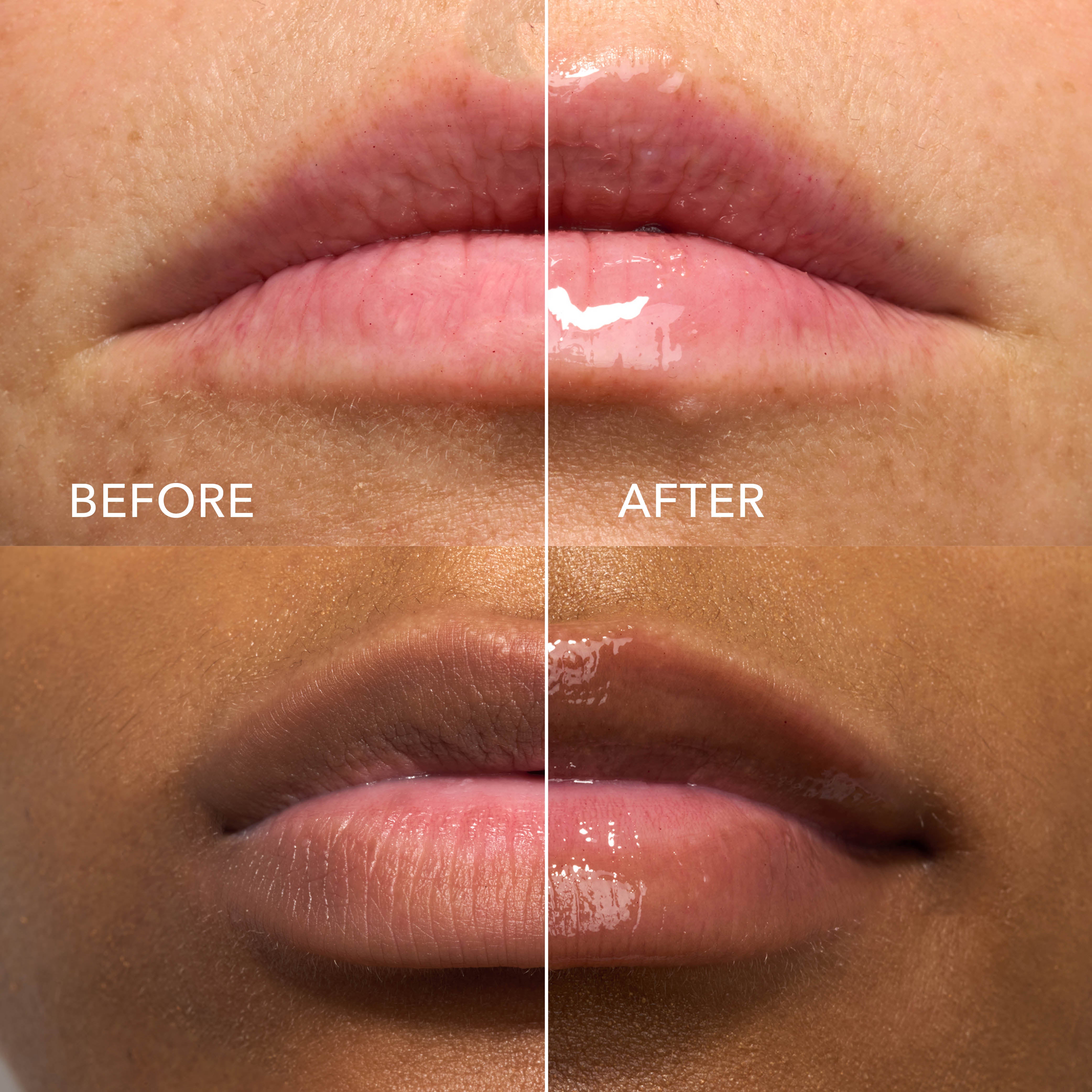 Close up of two women's lips showing before and after results of using Dionis Goat Butter Lip Masks.