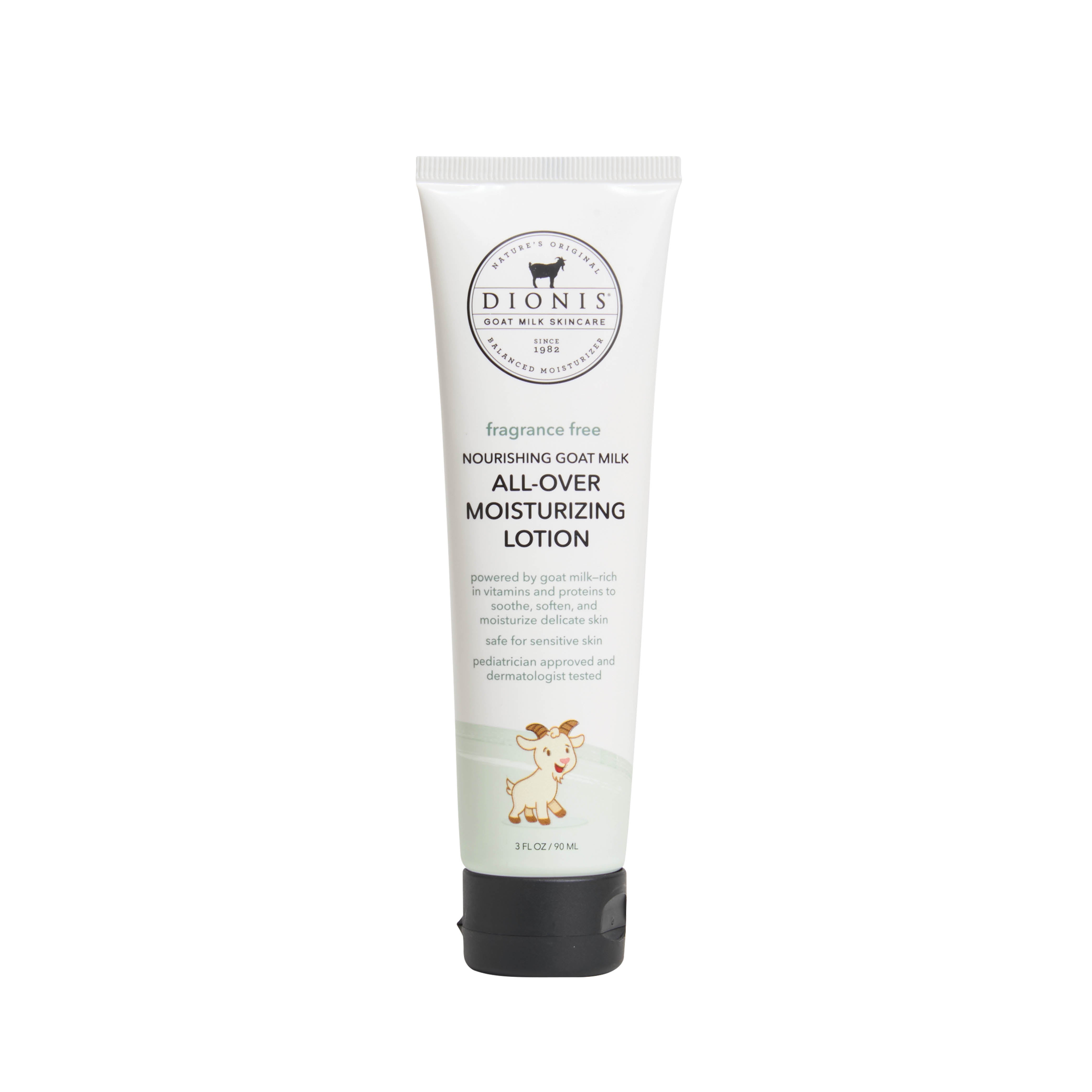 A white squeeze tube of Dionis Nourishing Goat Milk All-Over Moisturizing Lotion with a black cap, shown on a plain white background.