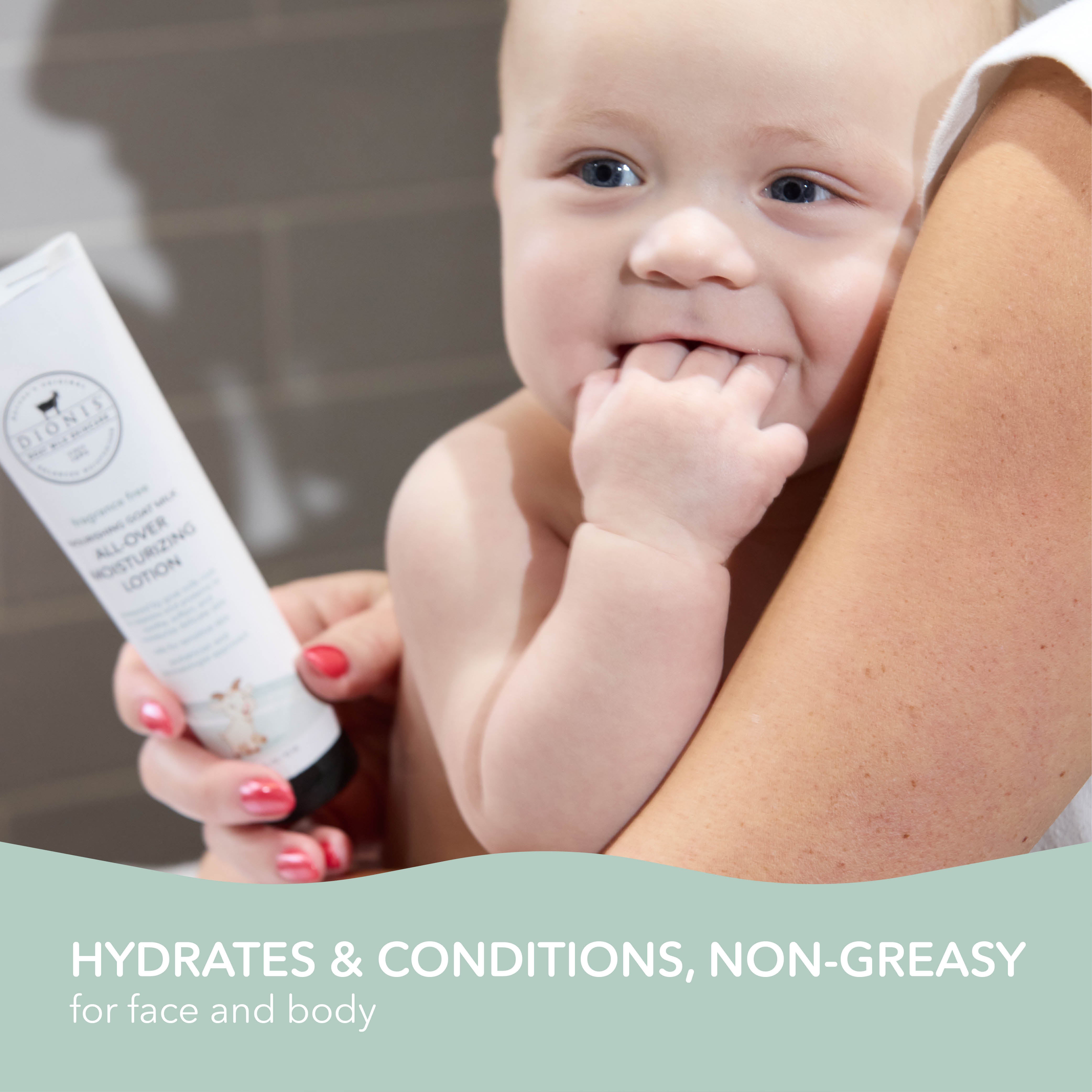 A baby is being held by an adult while holding a white tube of DROPS All Over Moisturizing Lotion. The bottom of the image features a mint green banner with white text that reads 'HYDRATES & CONDITIONS, NON-GREASY for face and body'.