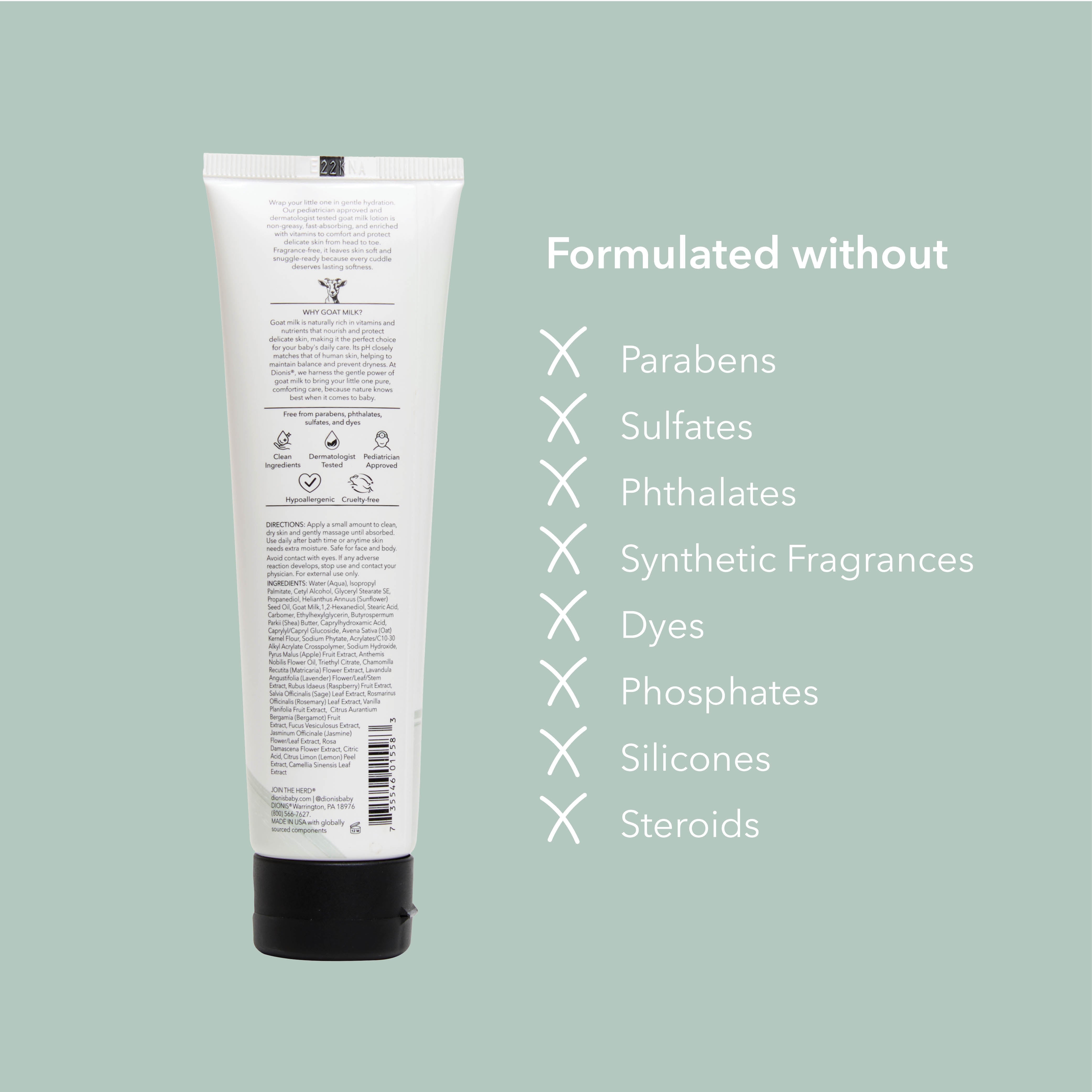 A white squeeze tube with a black cap shown on a pale green background, next to text that reads 'Formulated without' followed by a list of ingredients excluded, including parabens, sulfates, phthalates, synthetic fragrances, dyes, phosphates, silicones, and steroids.