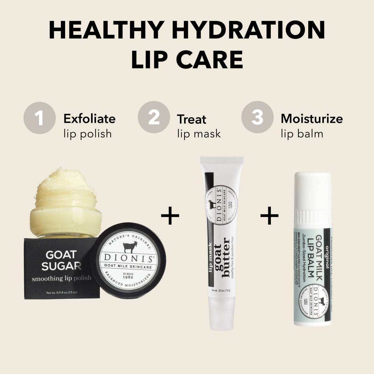 HEALTHY HYDRATION LIP CARE

EXFOLIATE: Dionis Goat Sugar Lip Polish

TREAT: Dionis Goat Butter Lip Mask, Glaze, .52 oz

MOISTURIZE: Dionis Goat Milk Lip Balm, Unscented, .28 oz