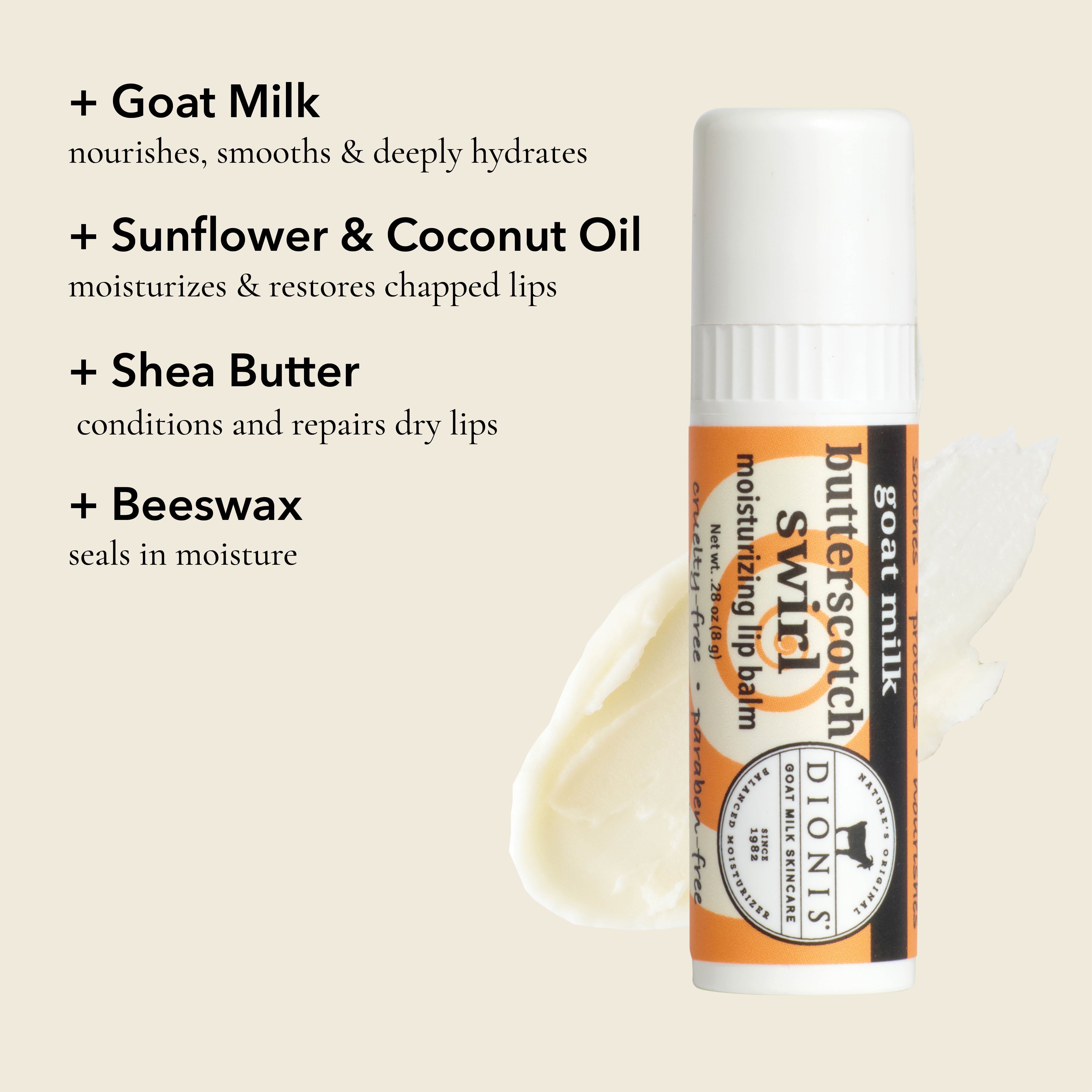 A lip balm tube labeled Dionis Butterscotch Sweet Goat Milk moisturizing lip balm stands on a cream background with product ingredients listed on the left: goat milk, sunflower and coconut oil, shea butter, and beeswax.