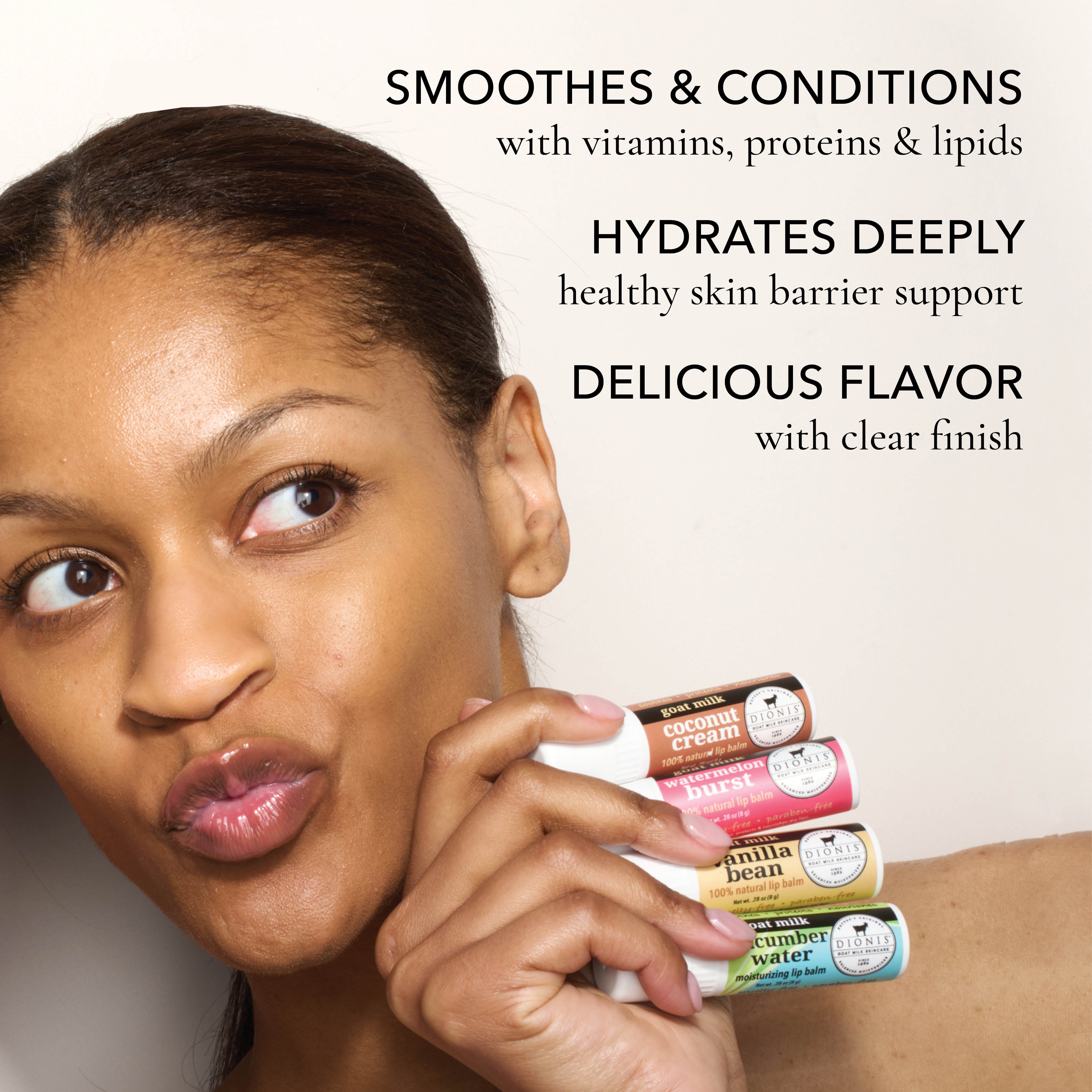 Model holding four Dionis Goat Milk Skincare Lip Balms: coconut cream, watermelon burst, vanilla bean & cucumber water. 