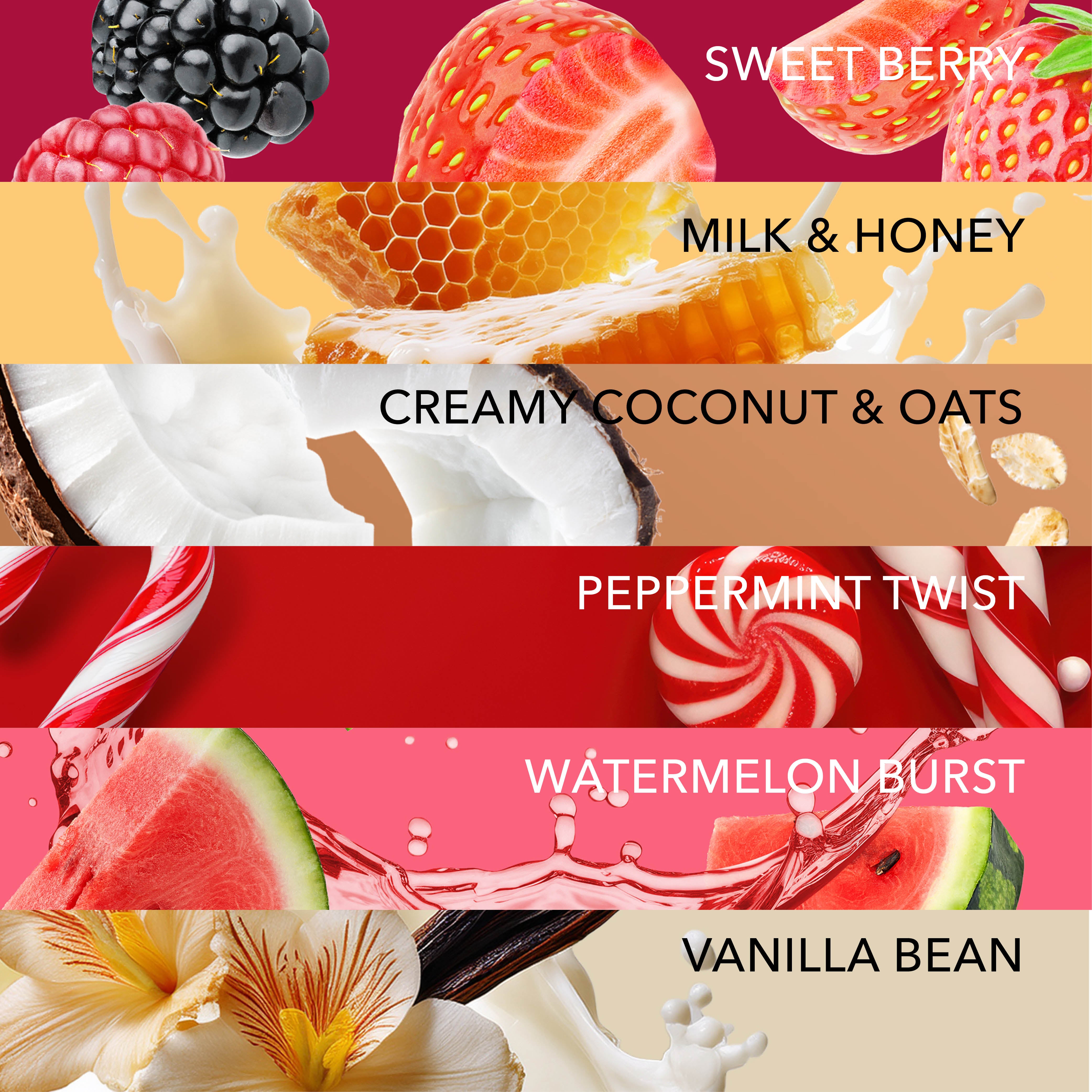 Vertical collage of the six flavors included in Dionis Goat Milk Skincare Signature Lip Balm Set: Sweet Berry, Milk & Honey, Creamy Coconut & Oats, Peppermint Twist, Watermelon Burst, and Vanilla Bean.