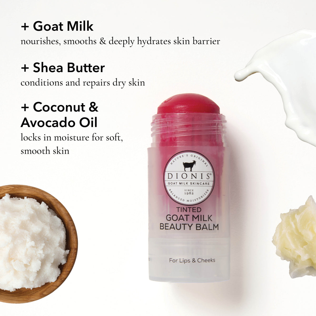 Dionis Tinted Goat Milk Beauty Balm, Berry

Ingredient Highlights
+ Goat Milk: Nourishes, smooths & deeply hydrates skin barrier.

+ Shea Butter: Conditions and repairs dry skin.

+ Coconut & Avocado Oil: Locks in moisture for soft, smooth skin.