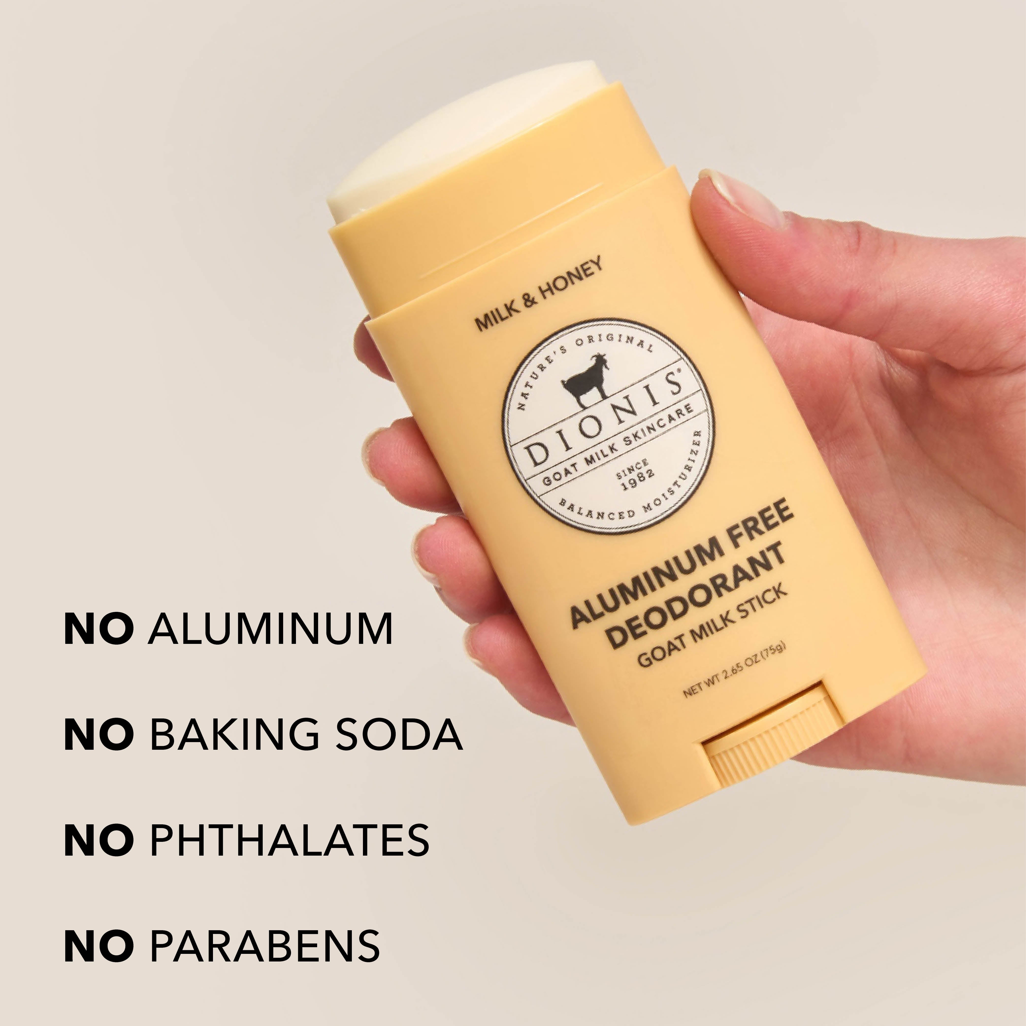 Hand holding Dionis Milk & Honey Goat Milk Deodorant Stick. Text on the image reads "No Aluminum. No Baking Soda. No Phthalates. No Parabens."