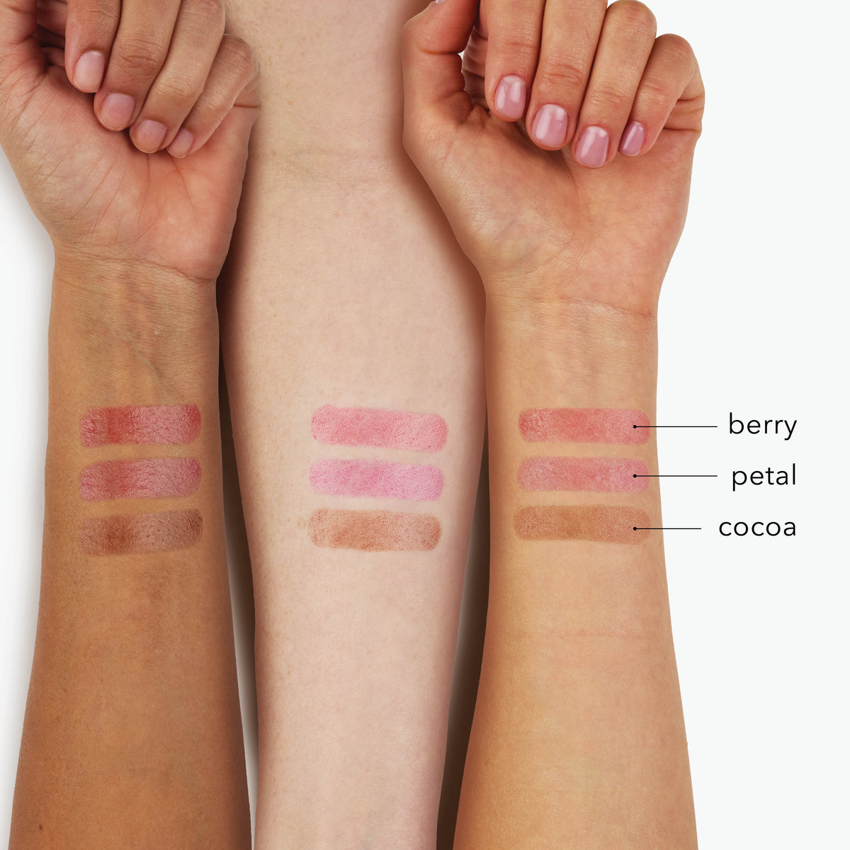Dionis Tinted Goat Milk Beauty Balm

Berry, Petal & Cocoa Color Swatch on Different Skin Tones