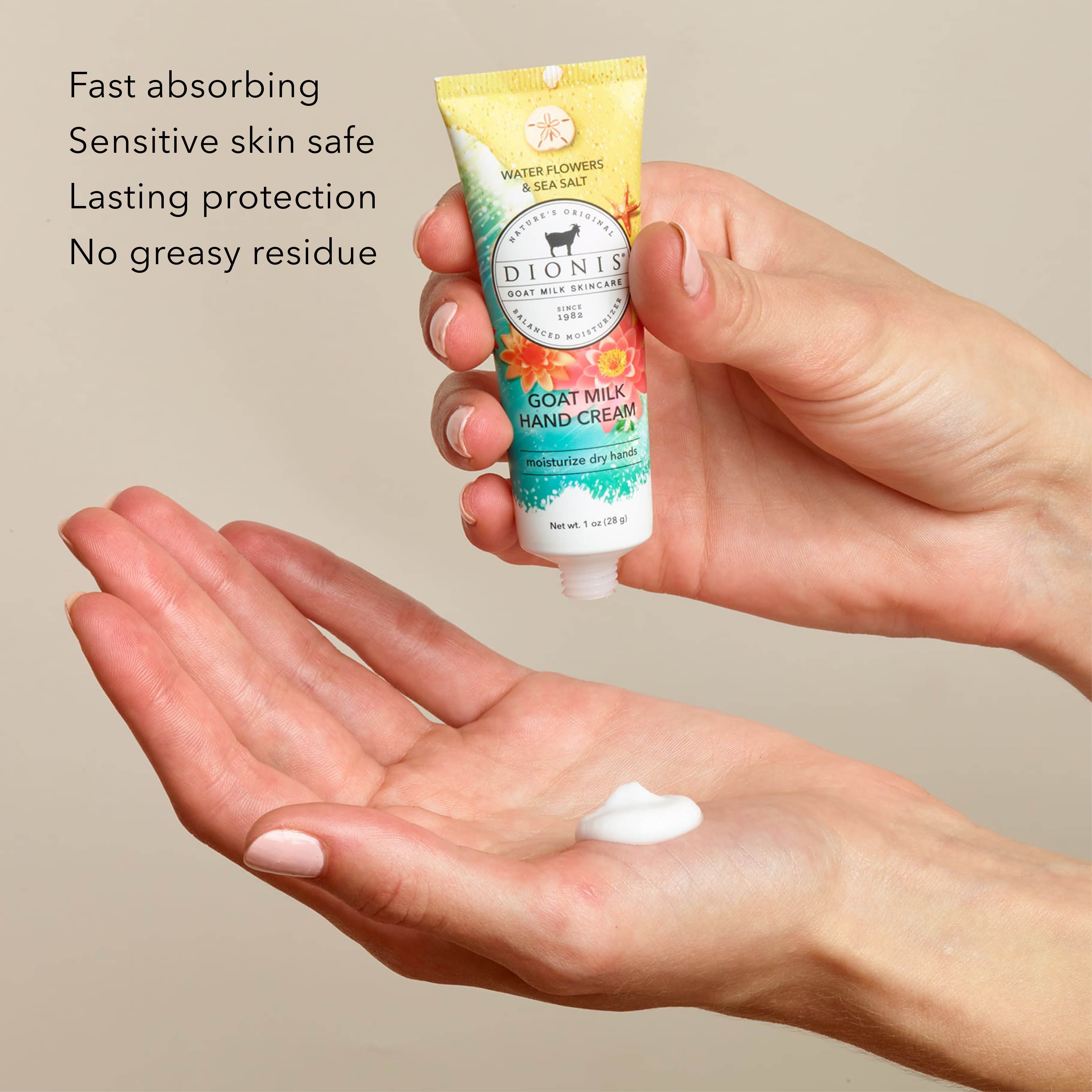 A person holds a tube of Dionis Goat Milk Hand Cream, in Water Flowers & Sea Salt, above an open palm with a dollop of white cream, with text on the left describing product benefits.