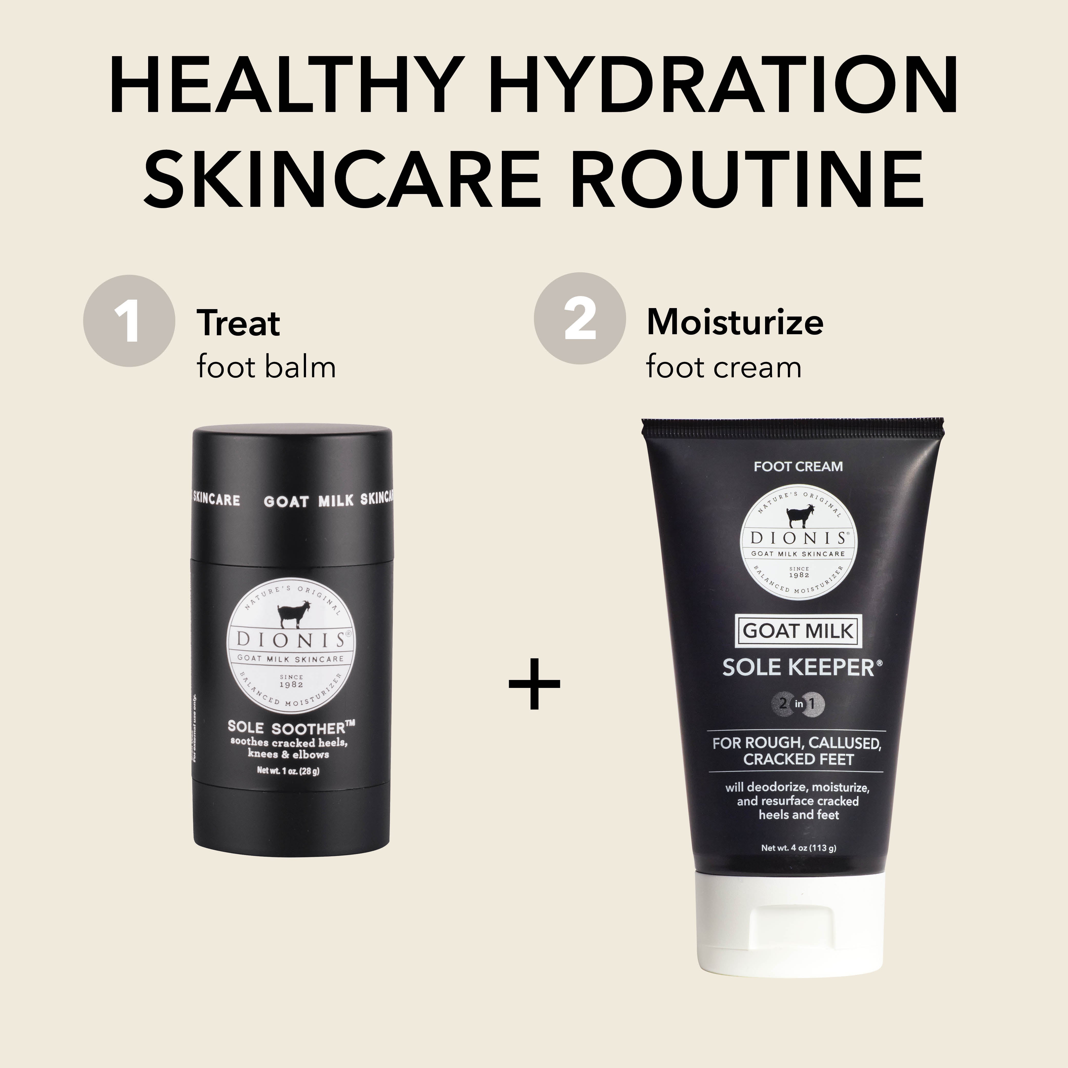 Healthy Hydration Skincare Routine for foot care. Step 1: Dionis Goat Milk Sole Soother® Balm, Step : Dionis Goat Milk Sole Keeper® Foot Cream. 