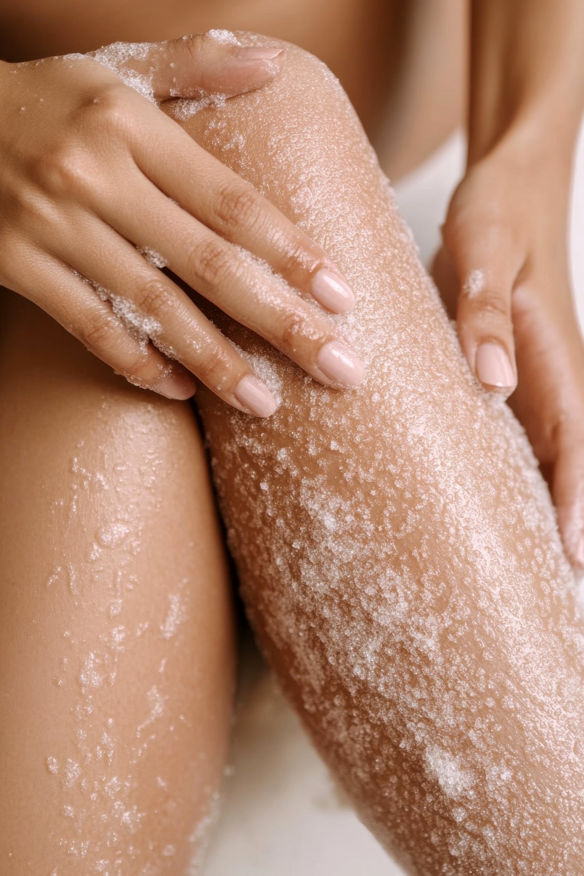 Model uses Whipped Goat Milk Body Scrub on legs. 