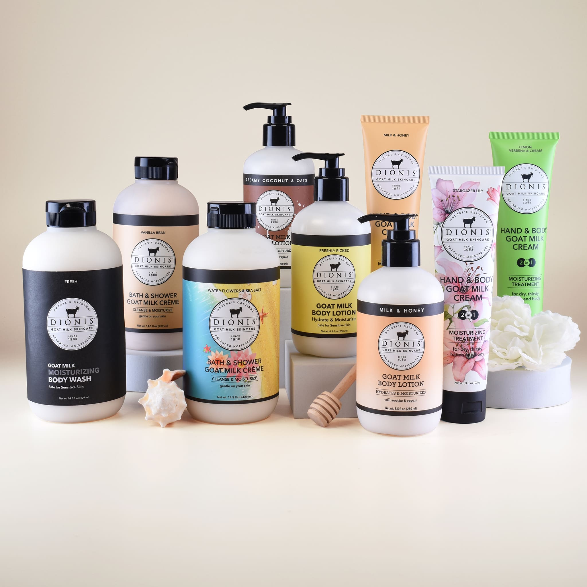 Mix of Dionis Goat Milk Body Washes, Body Lotions, and Hand & Body Creams.