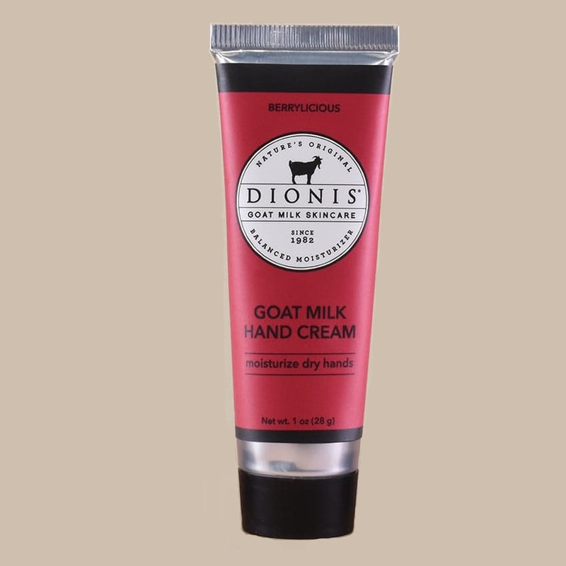 Red tube of Dionis Goat Milk Hand Cream on a beige background