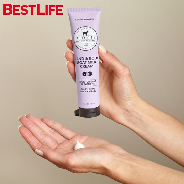 Hand holding a tube of Dionis Hand & Body Goat Milk Cream with visible cream on palm against a beige background. BestLife logo in the top left corner.