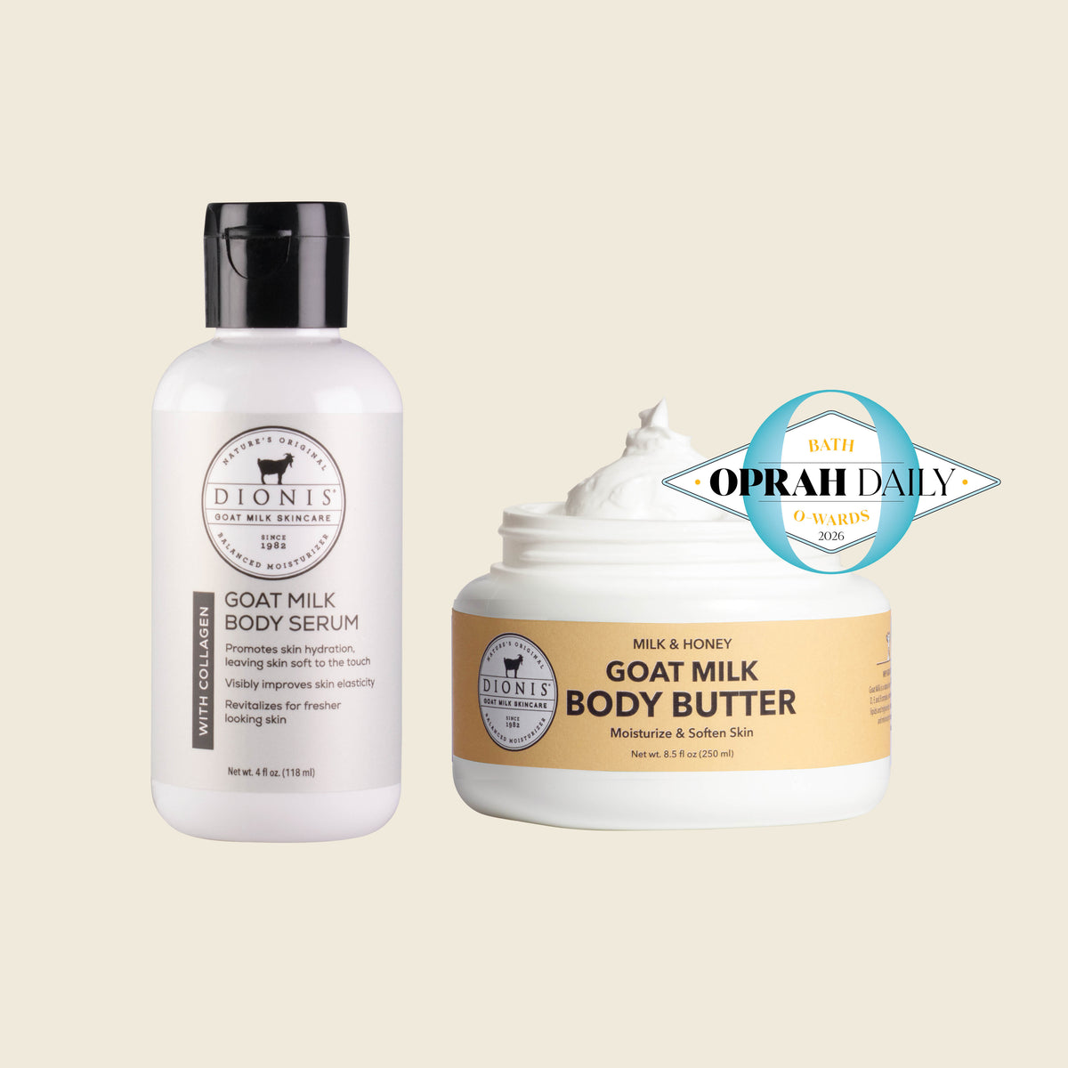 Milk & Honey Body Butter & Body Serum Bundle

Includes:
Dionis Goat Milk Body Serum with Collagen, 4 oz
Dionis Goat Milk Body Butter, Milk & Honey, 8.5 oz