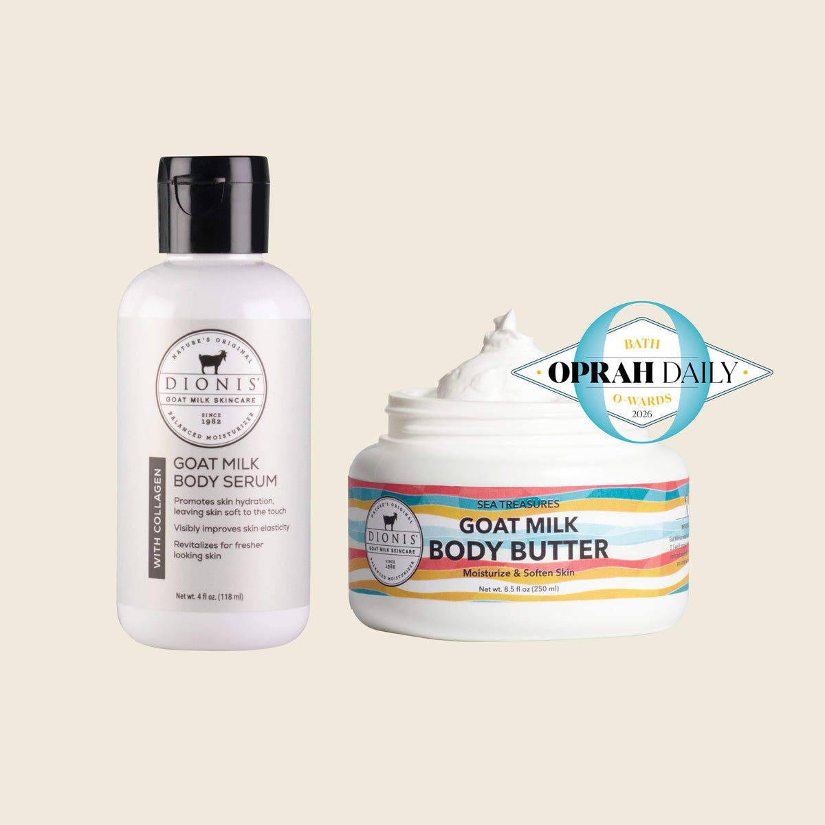 Sea Treasures Body Butter & Body Serum Bundle

Includes:
Dionis Goat Milk Body Serum with Collagen, 4 oz
Dionis Goat Milk Body Butter, Sea Treasures, 8.5 oz
