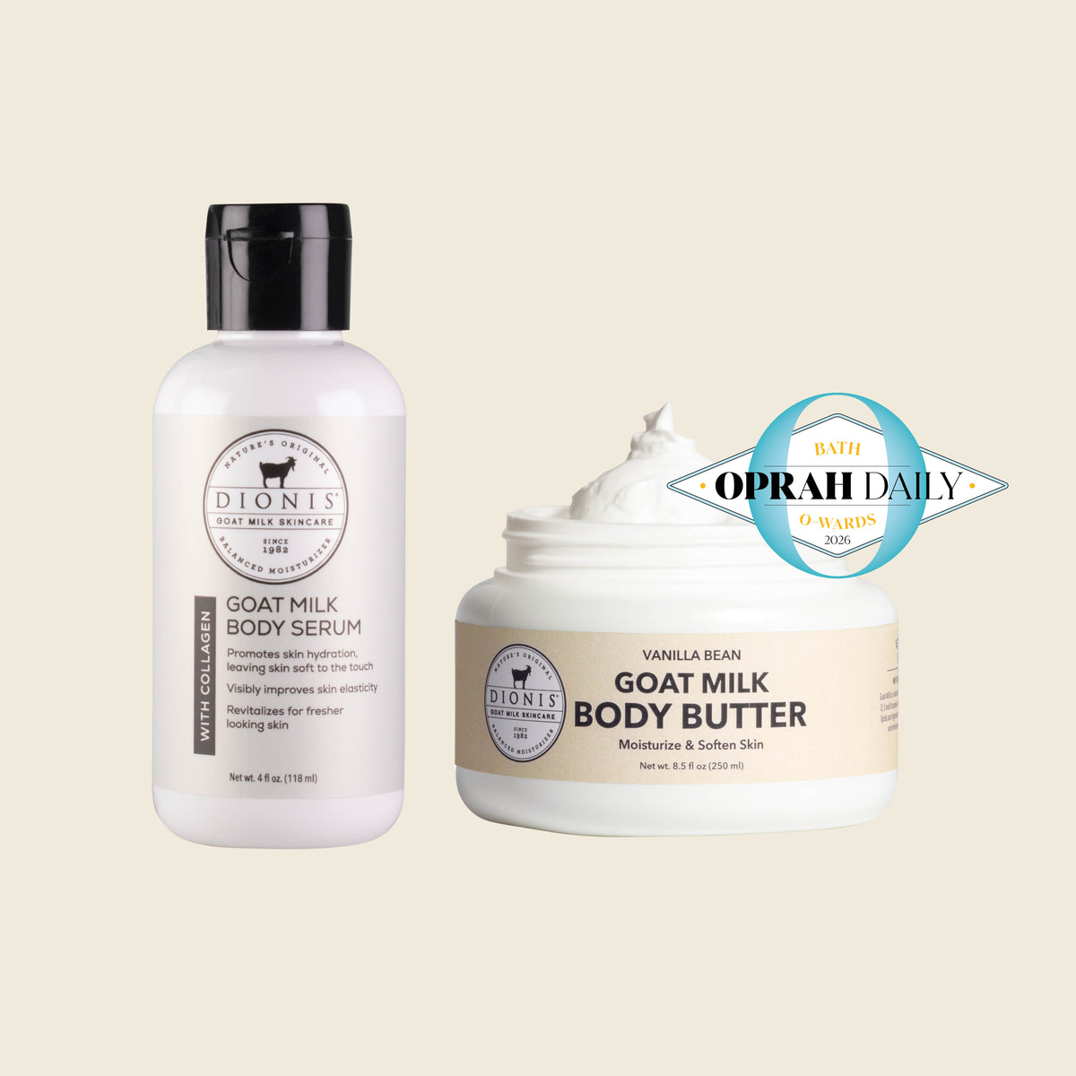 Vanilla Bean Body Butter & Body Serum Bundle

Includes: 
Dionis Goat Milk Body Serum with Collagen. 4 oz
Dionis Goat Milk Body Butter, Vanilla Bean, 8.5 oz