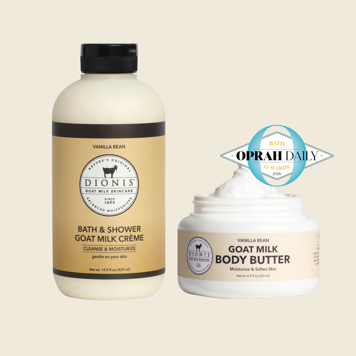 Vanilla Bean Shower Crème & Body Butter Bundle

Includes:
Dionis Bath & Shower Goat Milk Creme, Vanilla Bean, 14.5 fl oz
Dionis Goat Milk Body Butter, Vanilla Bean, 8.5 fl oz