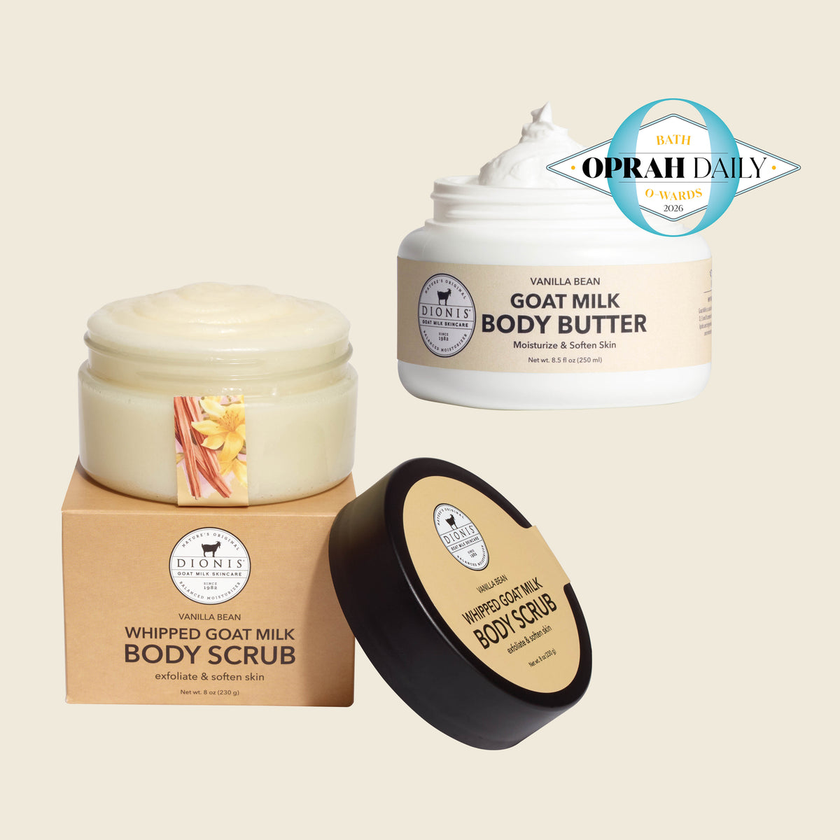 Vanilla Bean Body Scrub & Body Butter Bundle

Includes:
Dionis Whipped Goat Milk Body Scrub, 
Vanilla Bean, 8 fl oz
Dionis Goat Milk Body Butter, Vanilla Bean, 8.5 fl oz