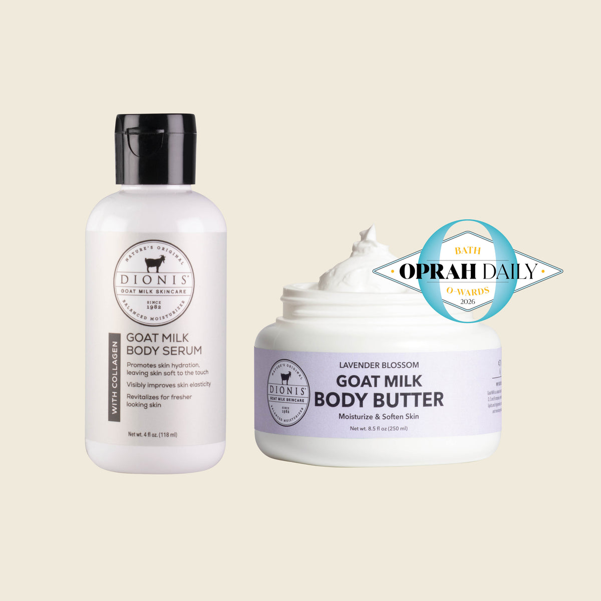 Lavender Blossom Body Butter & Body Serum Bundle

Includes:
Dionis Goat Milk Body Serum with Collagen, 4 oz
Dionis Goat Milk Body Butter, Lavender Blossom, 8.5 oz