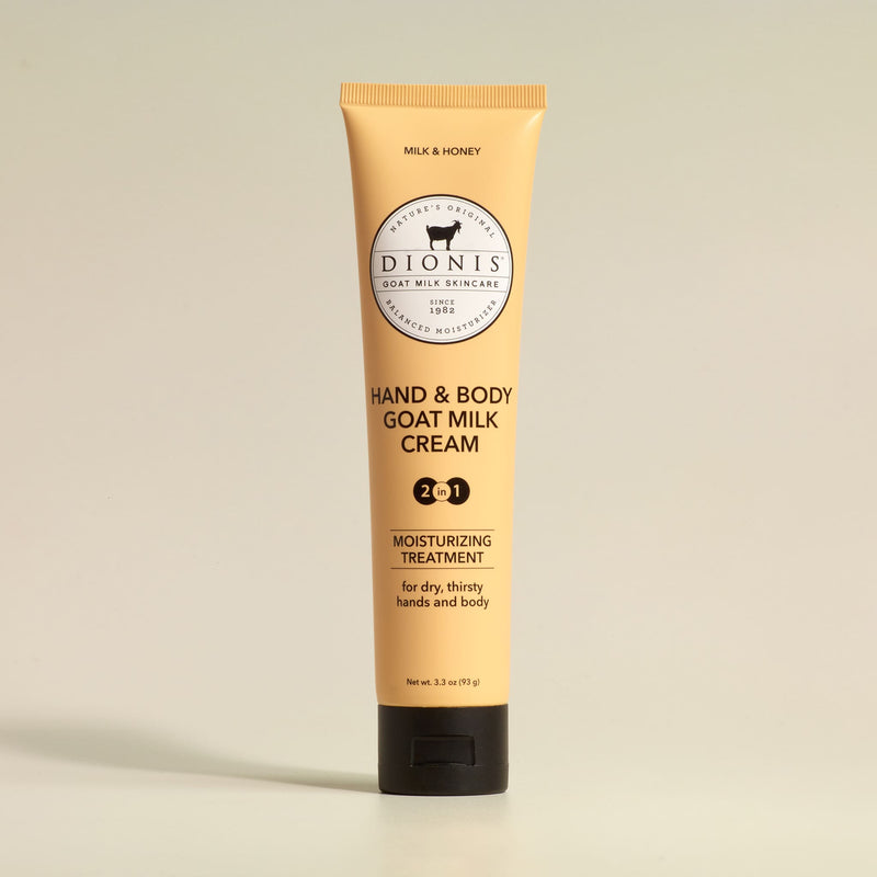 Tube of Dionis Goat Milk Skincare Hand & Body Goat Milk Cream, 3.3 oz, in Milk & Honey fragrance