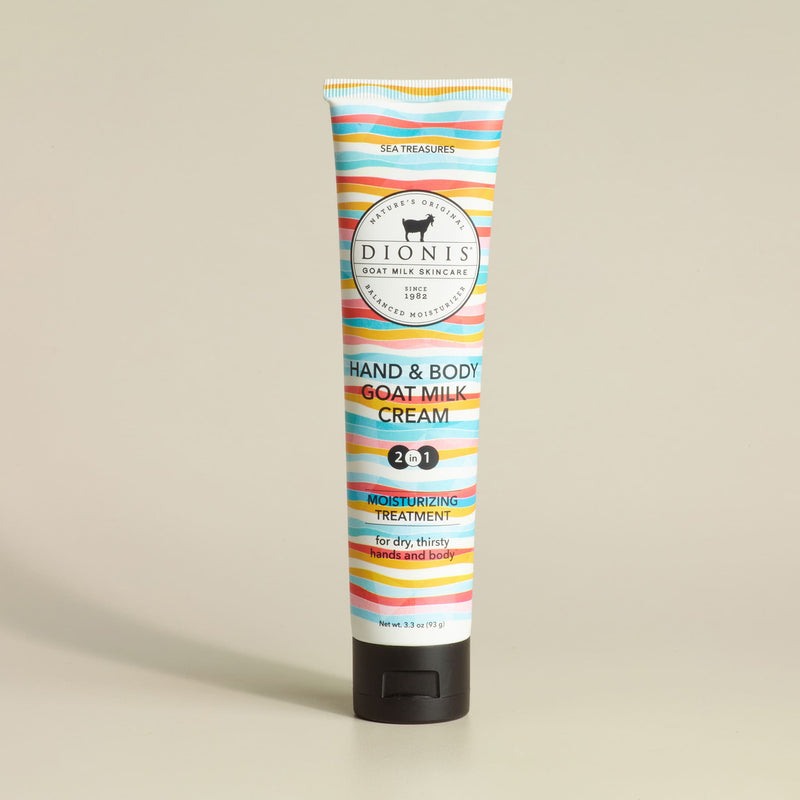 Sea Treasures scented Dionis Goat Milk Hand & Body Goat Milk Cream on a beige background