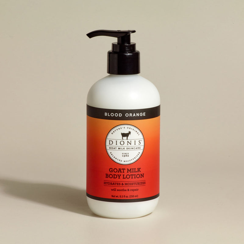 Dionis Goat Milk Body Lotion, Blood Orange, 8.5 fl oz with black pump.