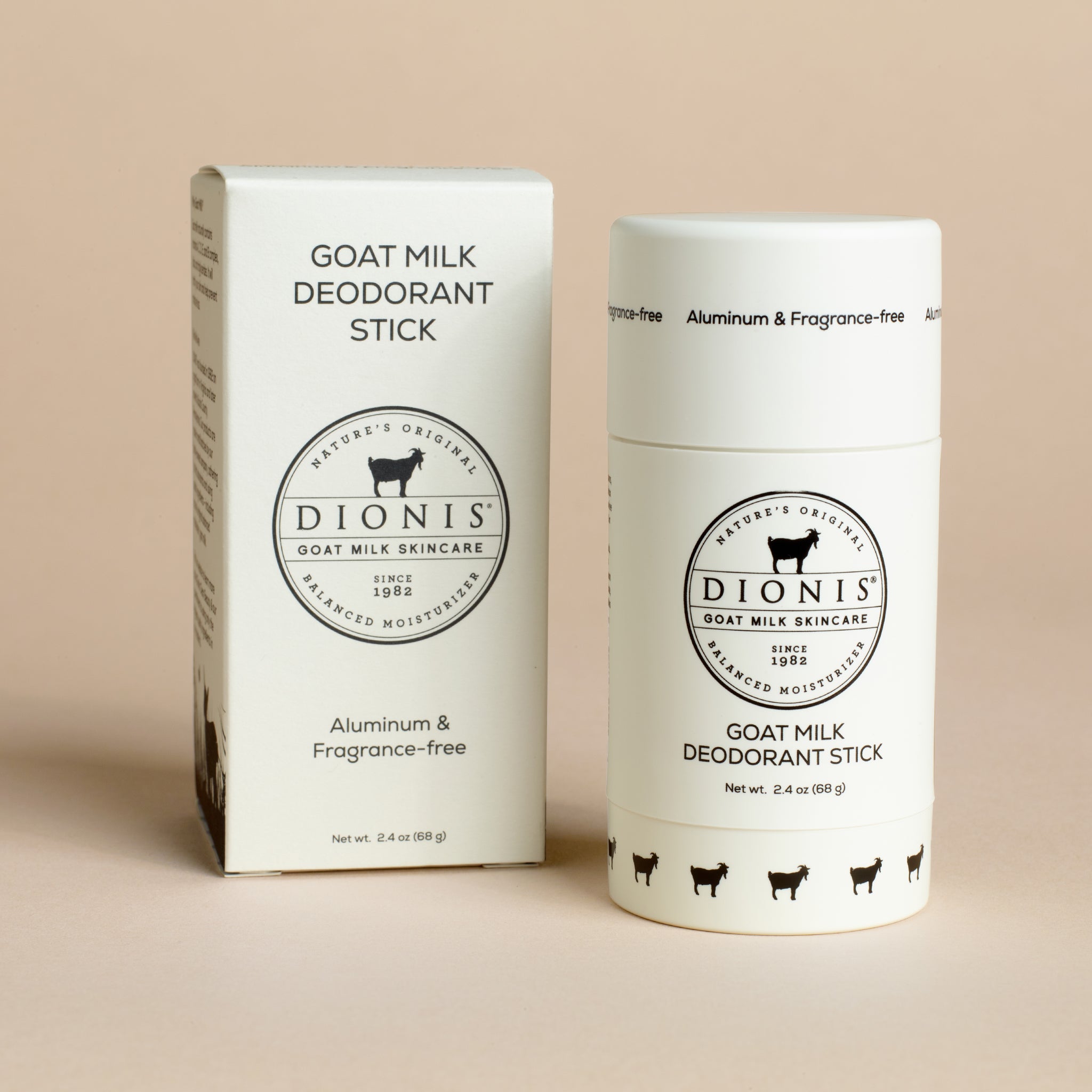 Dionis Goat Milk Deodorant Stick with packaging on beige background