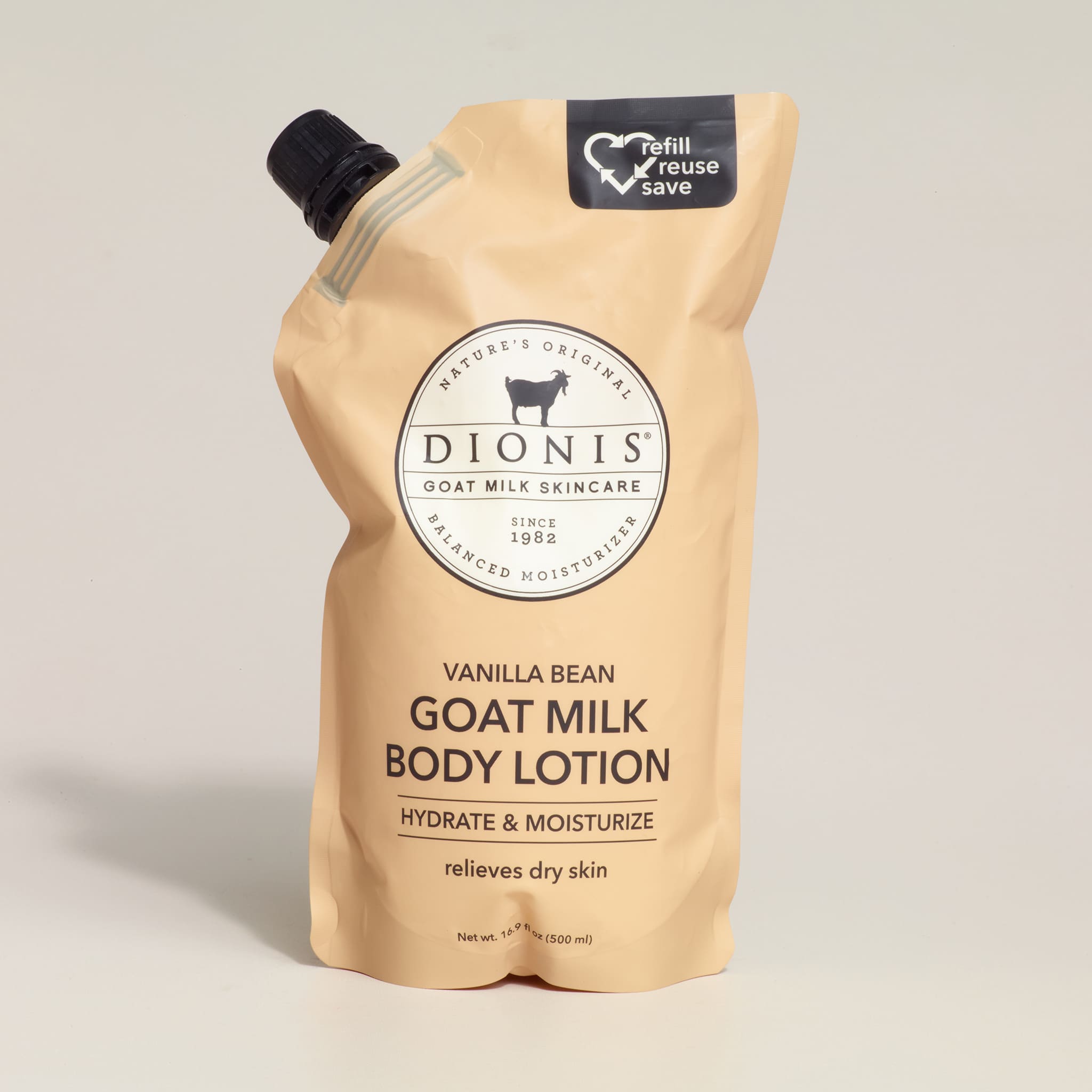 Dionis vanilla bean goat milk body lotion packaging on a beige background