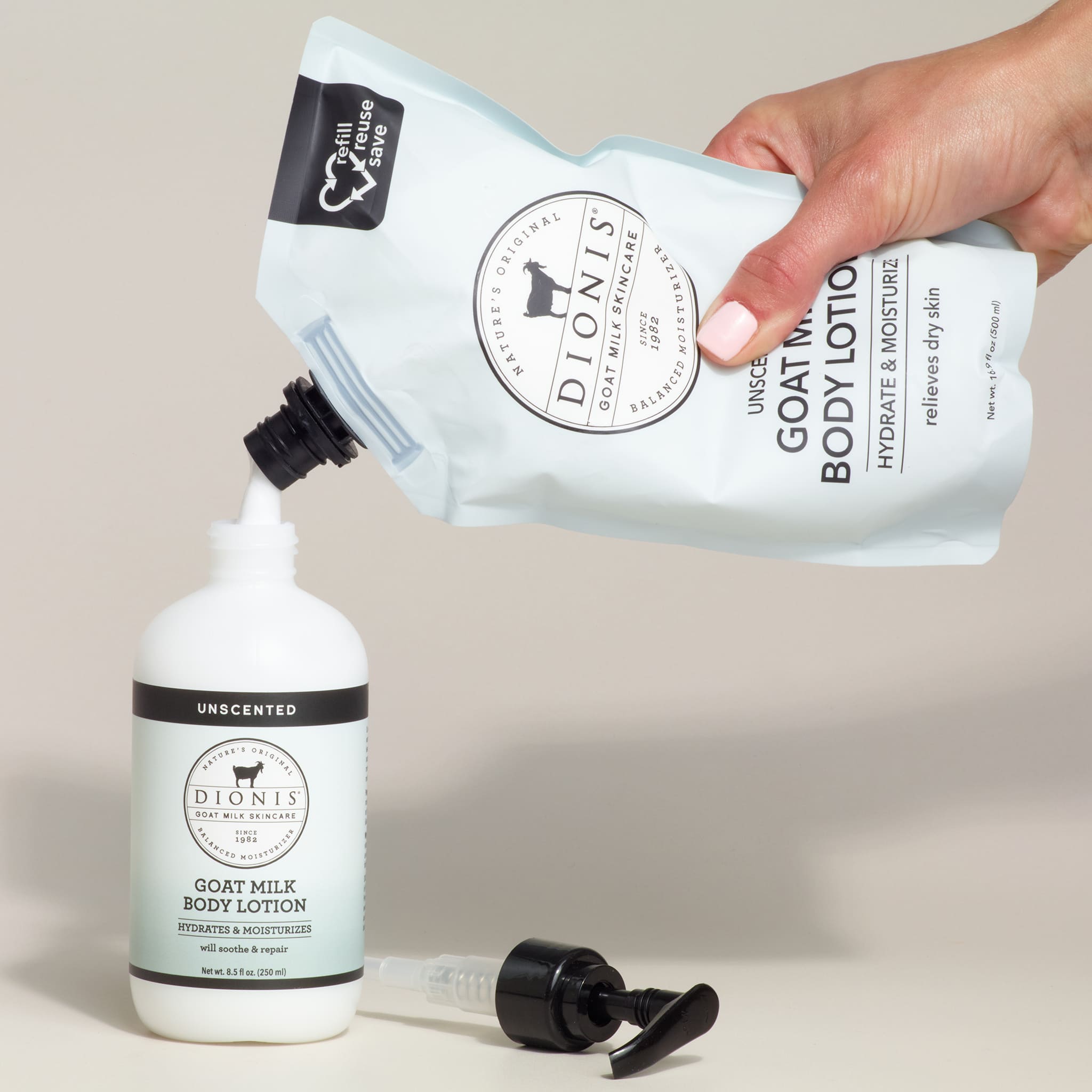 Dionis body lotion bottle and pouch on a neutral background