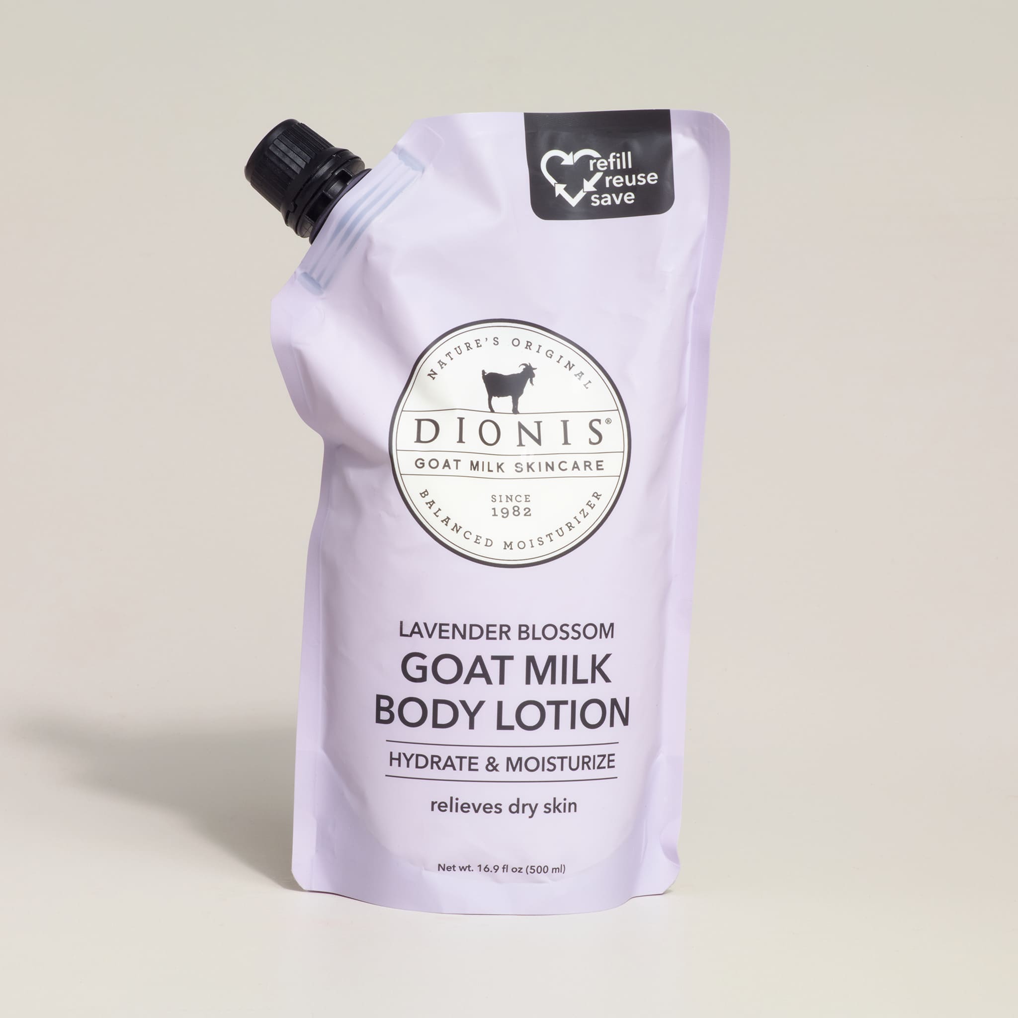 Dionis goat milk body lotion pouch on a light background