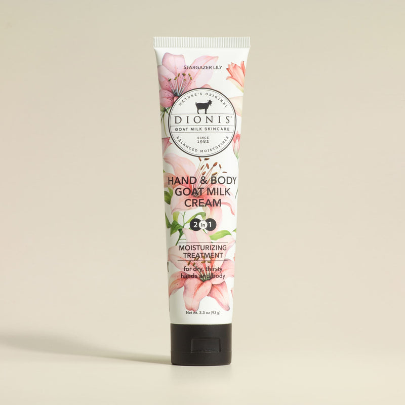 Tube of Dionis hand and body cream with floral design on a beige background
