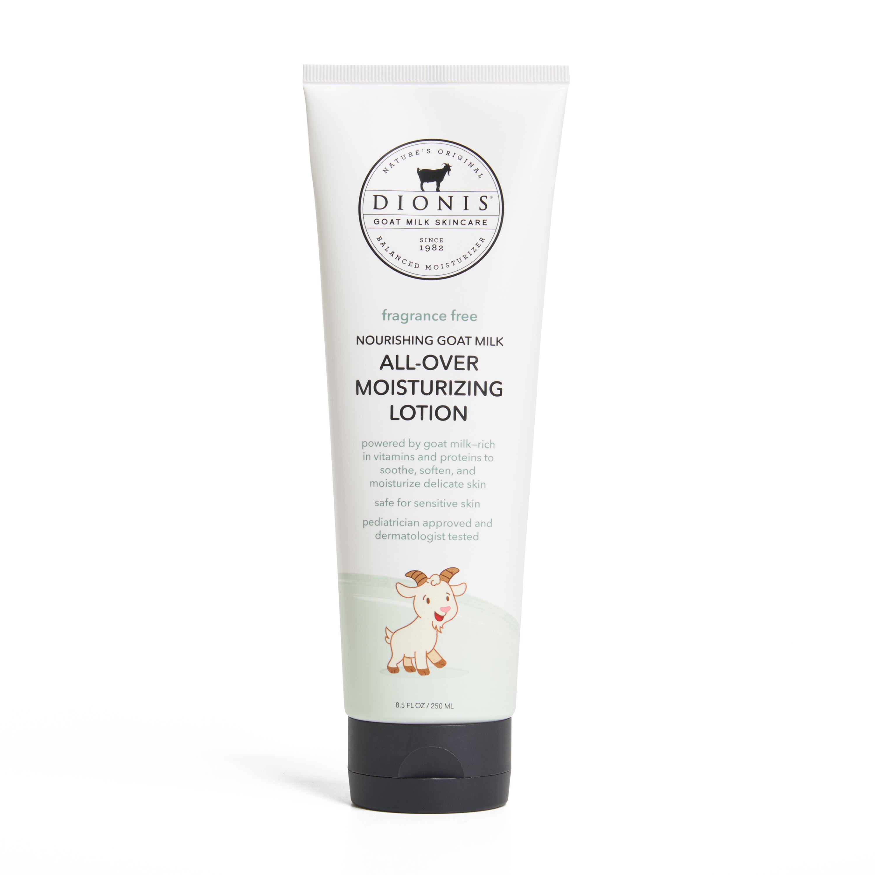 A white squeeze tube of Dionis Nourishing Goat Milk All-Over Moisturizing Lotion with a black cap, shown on a clean white background.
