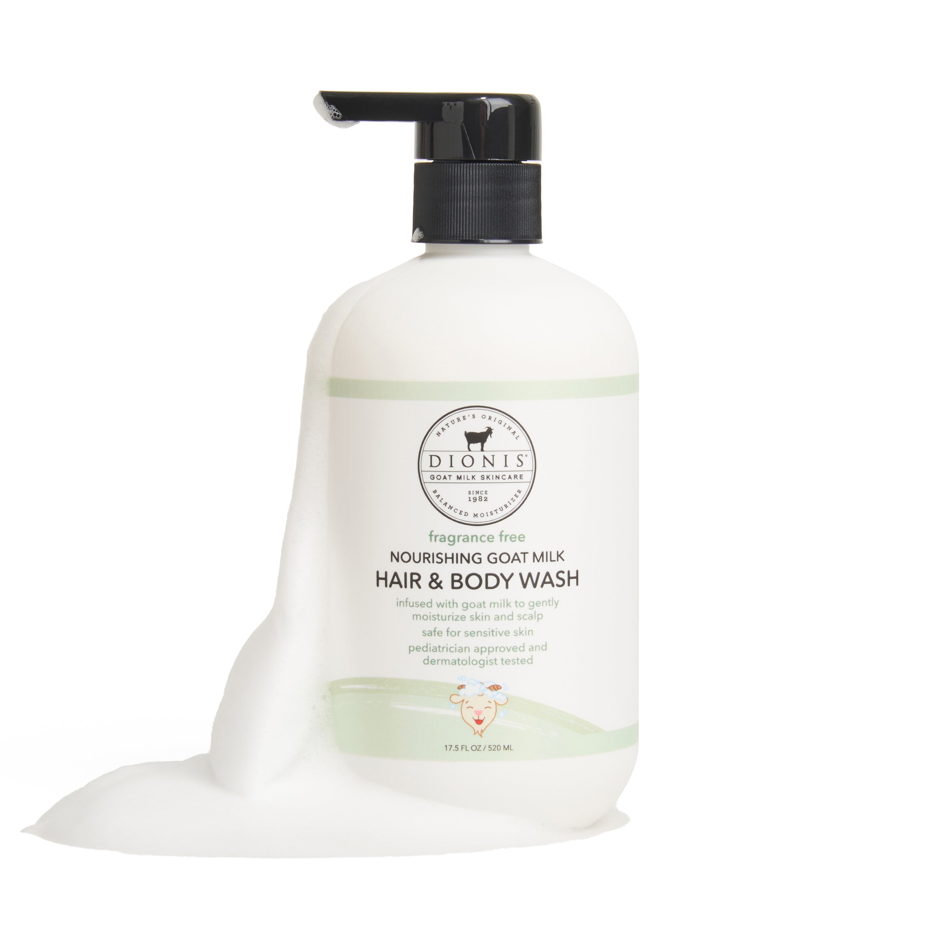 A white bottle of Dionis Nourishing Goat Milk Hair & Body Wash with a black pump dispenser, shown on a white background with a dollop of white foam in front.