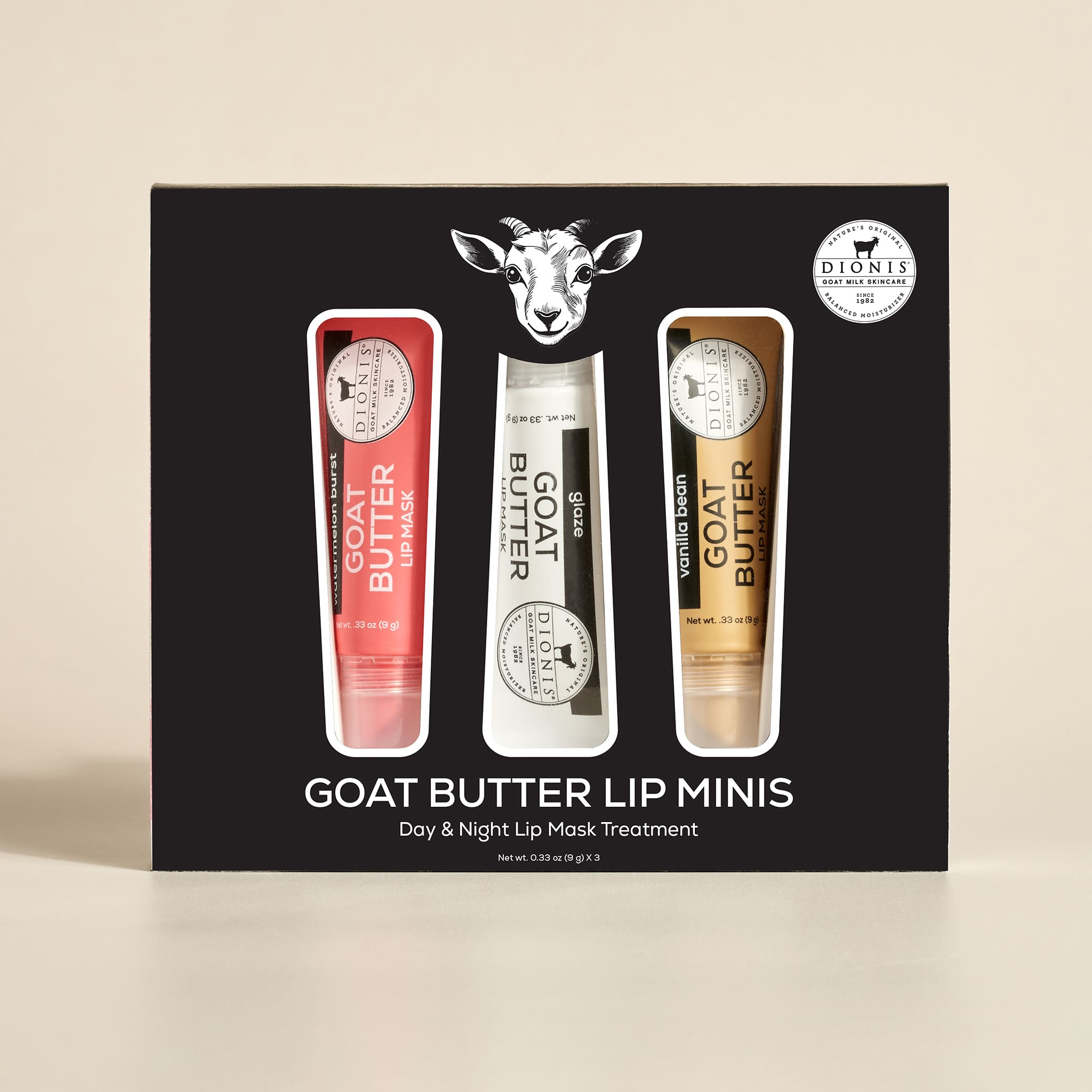 Packaging of Goat Butter lip minis with three lip masks on a beige background