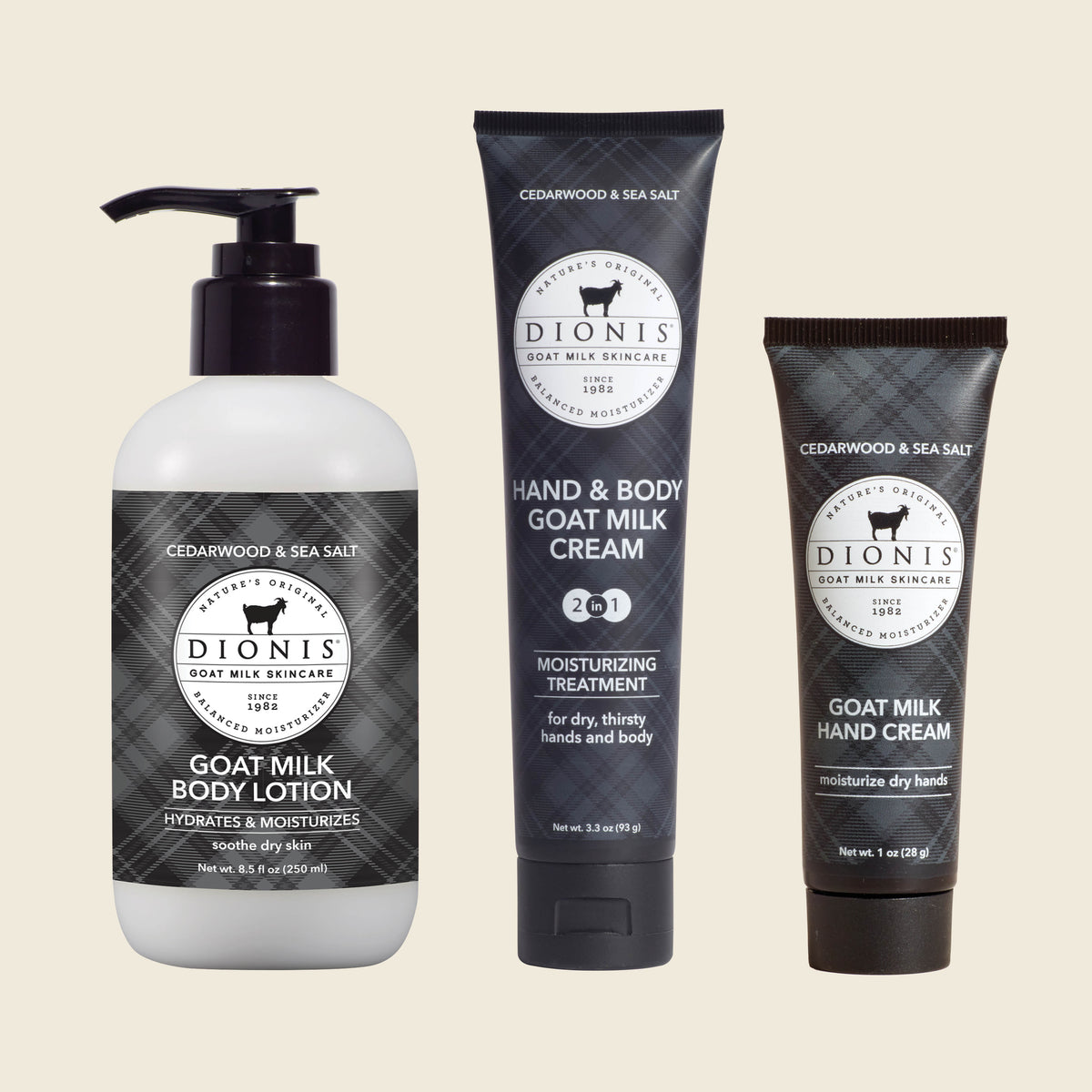 Dionis Goat Milk Skincare Cedarwood & Sea Salt Body Hydration Set - Includes Body Lotion, Hand & Body Cream, and Hand Cream
