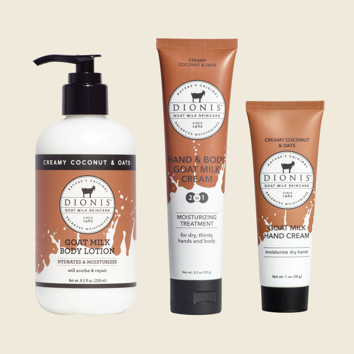 Dionis Goat Milk Skincare Creamy Coconut & Oats Hydration Set - Includes Body Lotion, Hand & Body Cream, and Hand Cream