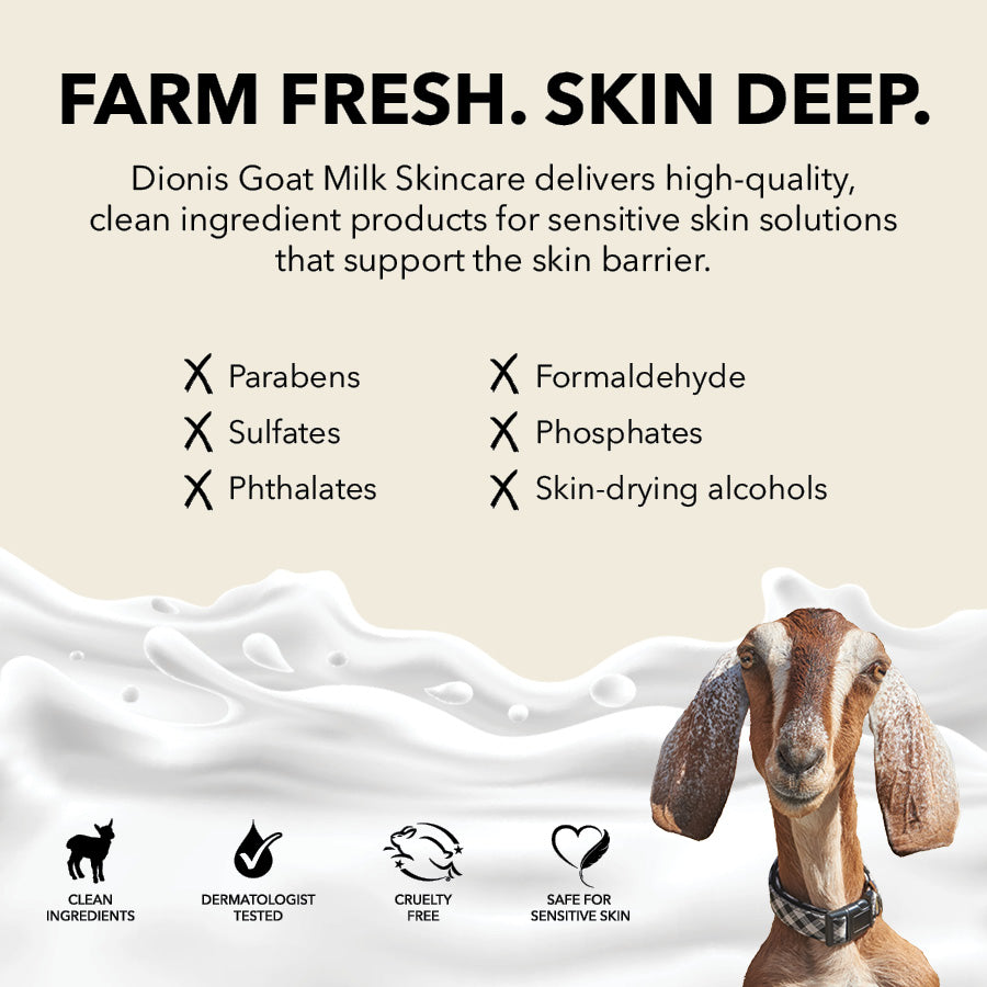 Farm Fresh. Skin Deep. Dionis Goat Milk Skincare delivers high-quality, clean ingredient products for sensitiveskin solutions that support the skin barrier.

No Parabens
No Formaldehyde
No Sulfates
No Phosphates
No Phthalates
No Skin-drying alcohols

Clean Ingredients. Dermatologist Tested. Cruelty Free. Safe For Sensitive Skin.