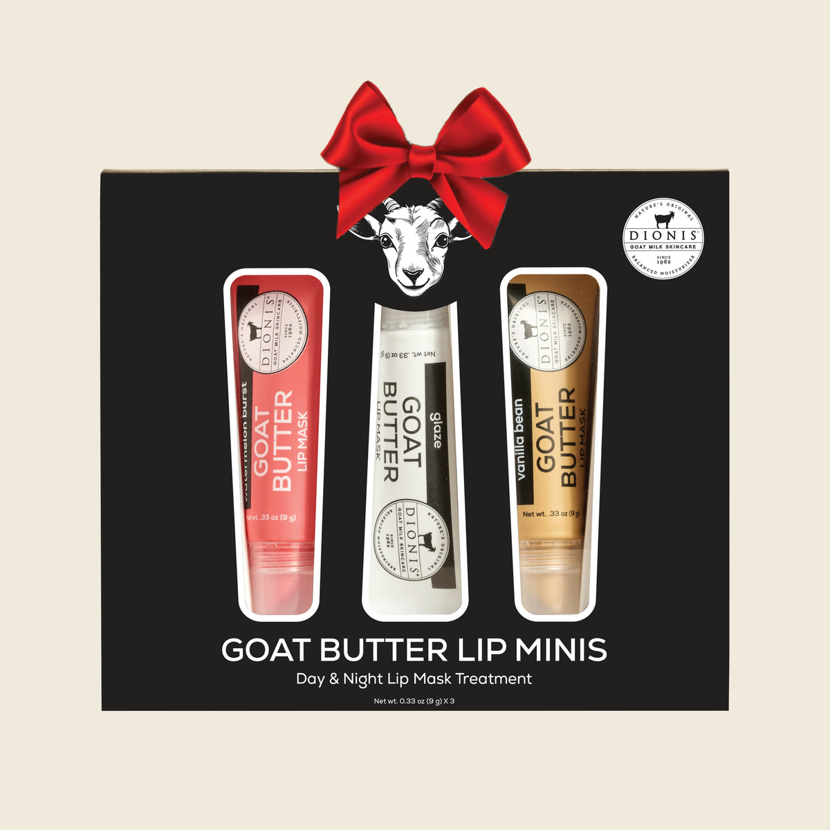 Dionis Goat Butter Lip Minis, Gift Set, in black packaging box with red holiday bow.

Includes:
1 - Watermelon Burst, .33 oz
1 - Glaze, .33 oz
1 - Vanilla Bean, .33 oz