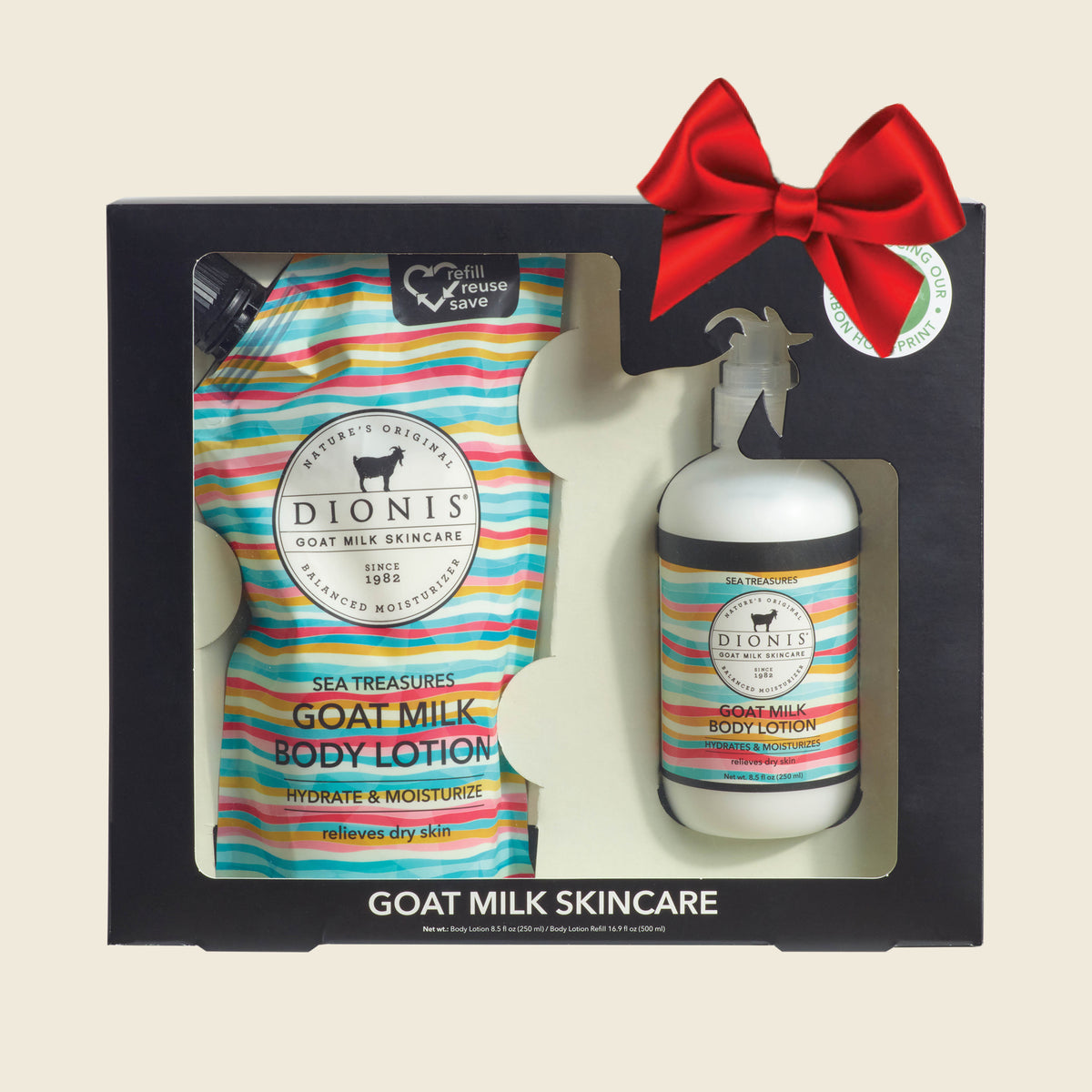Dionis Goat Milk Body Lotion & Refill Pouch Gift Set, Black Gift Box
Sea Treasures

Includes:
1 - Goat Milk Body Lotion, 8.5 oz
1 - Goat Milk Body Lotion Refill Pouch, 16.9 

Shown with a red bow.